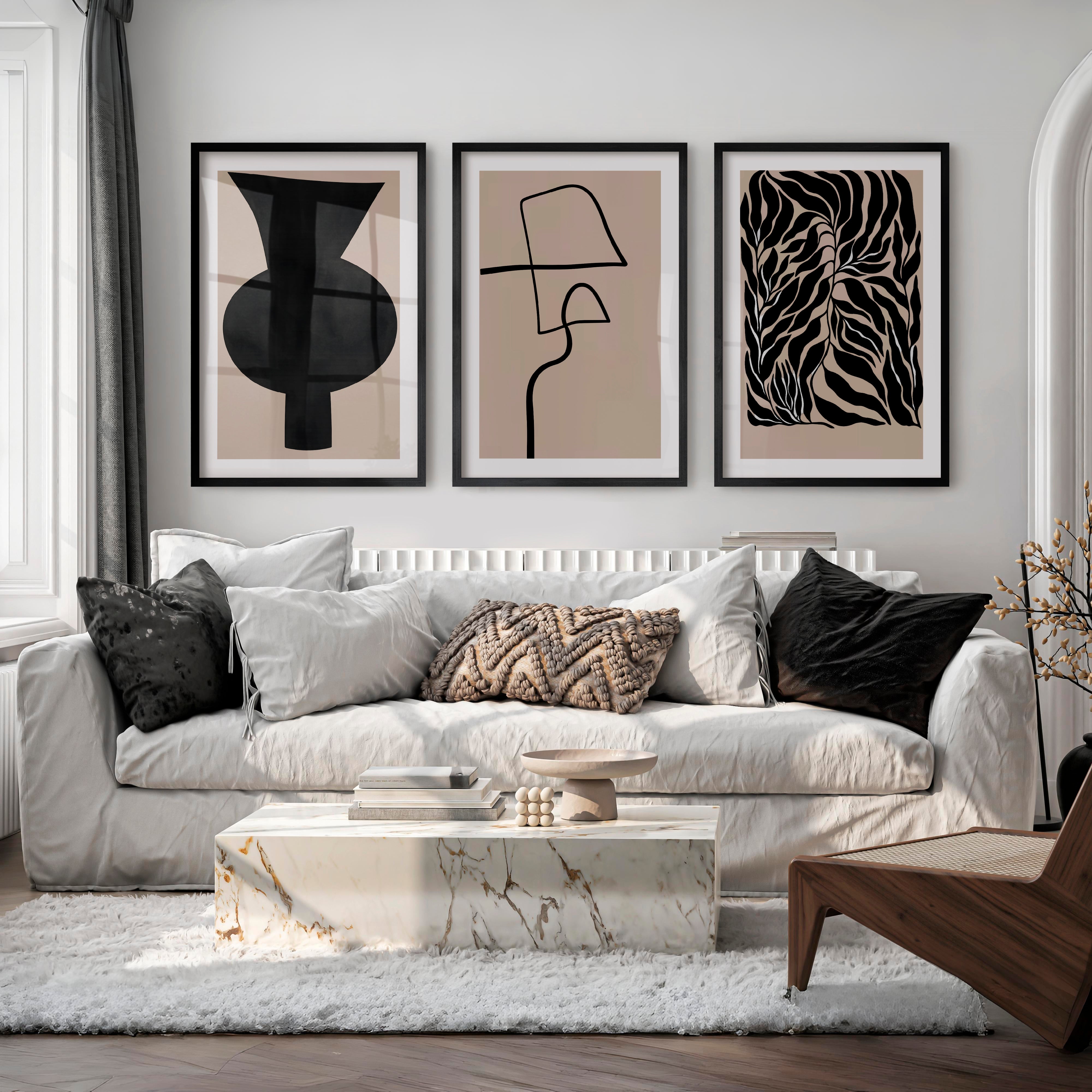 Abstract Vase Japandi Room Decor with Botanical Panel - Black Framed Poster with White Border - Artworksets