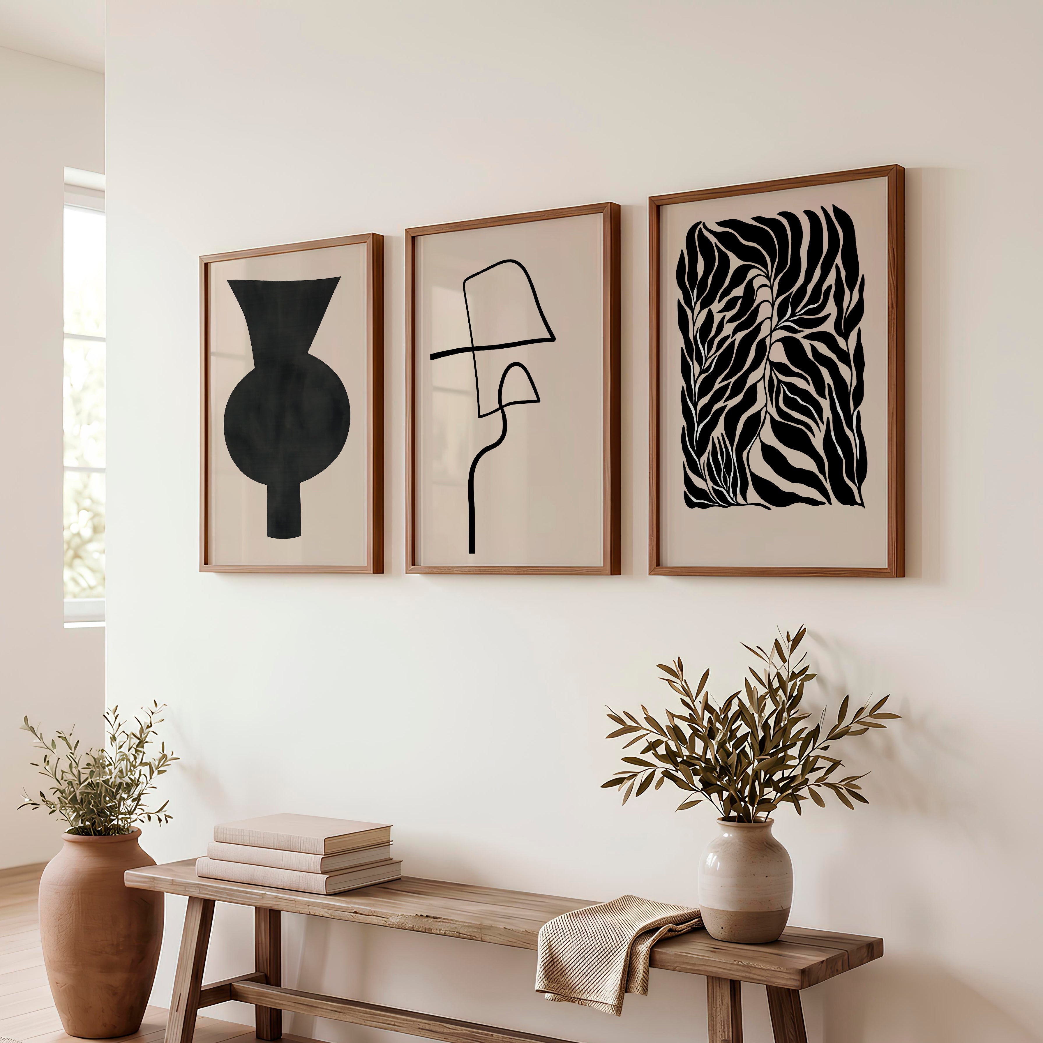 Abstract Vase Japandi Room Decor with Botanical Panel - Dark Brown Framed Poster No Border - Artworksets