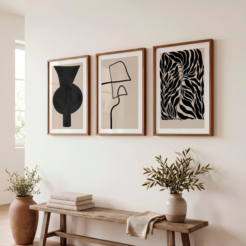 Abstract Vase Japandi Room Decor with Botanical Panel - Dark Brown Framed Poster with White Border - Artworksets