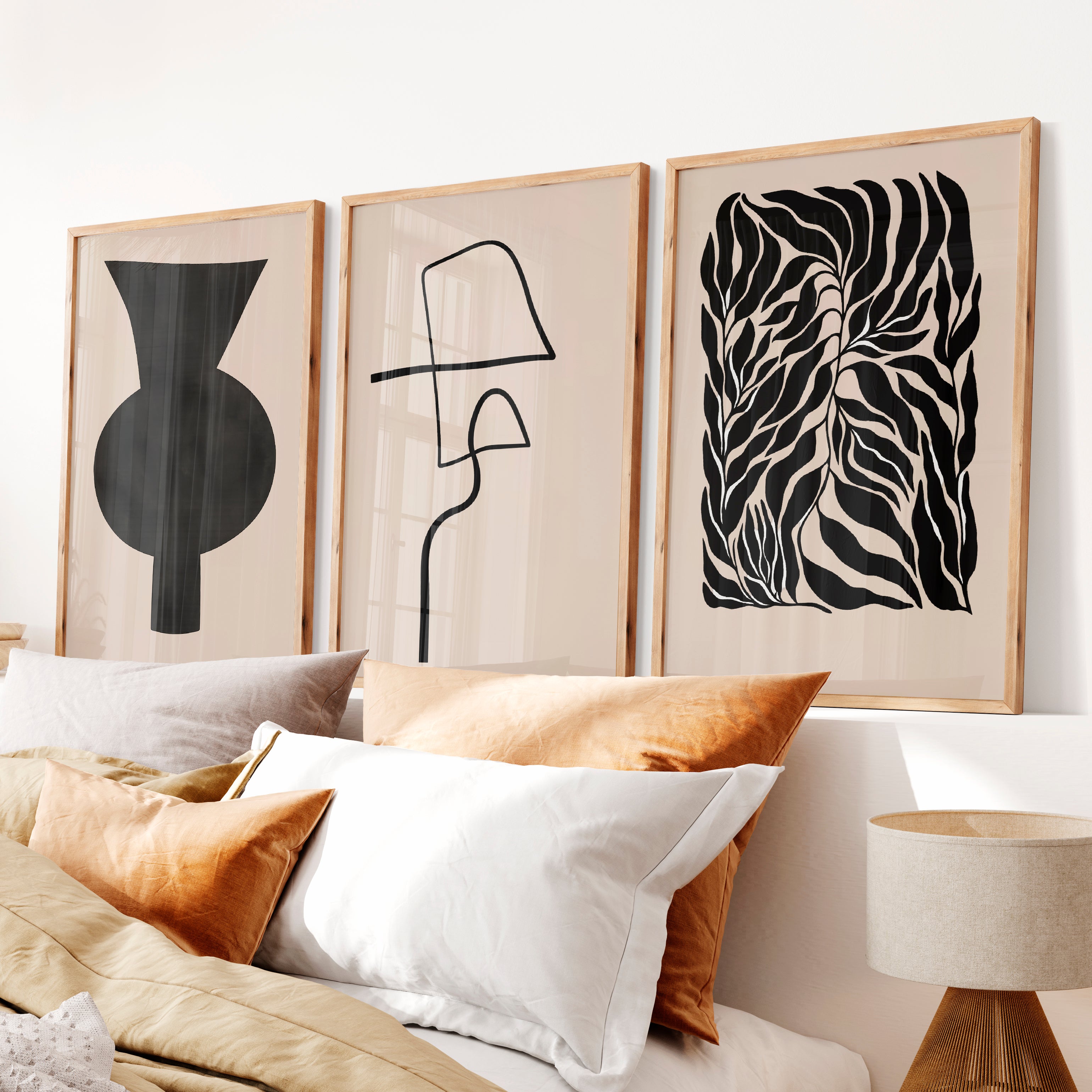 Abstract Vase Japandi Room Decor with Botanical Panel - Natural Wood Framed Poster No Border - Artworksets