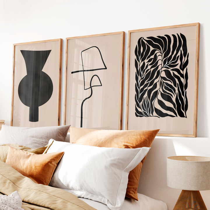 Abstract Vase Japandi Room Decor with Botanical Panel - Natural Wood Framed Poster No Border - Artworksets