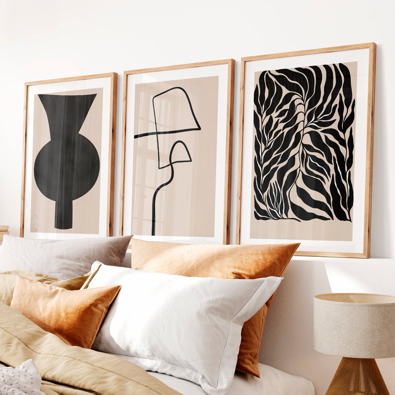 Abstract Vase Japandi Room Decor with Botanical Panel- Natural Wood Framed Poster with White Border - Artworksets