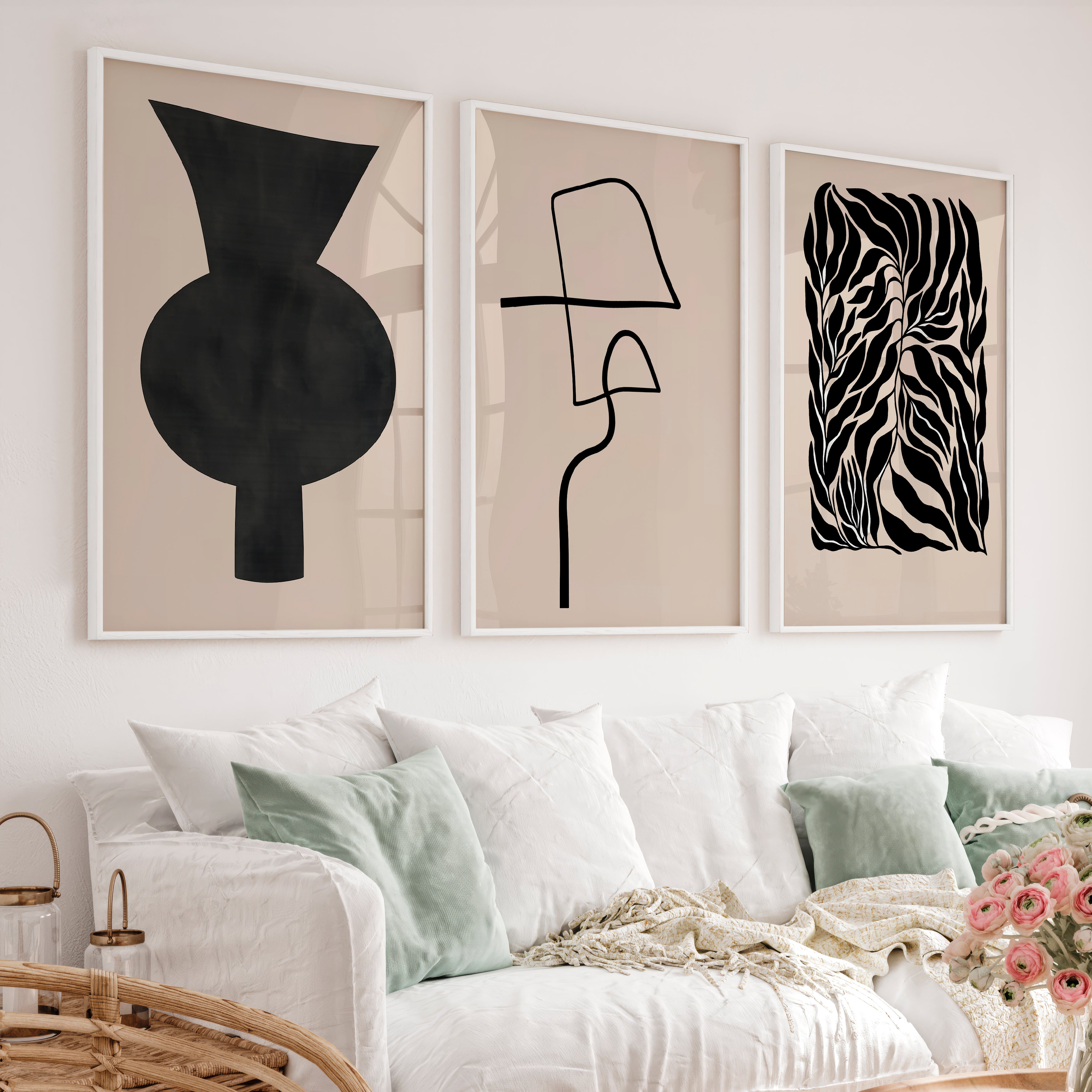 Abstract Vase Japandi Room Decor with Botanical Panel - White Framed Poster No Border - Artworksets