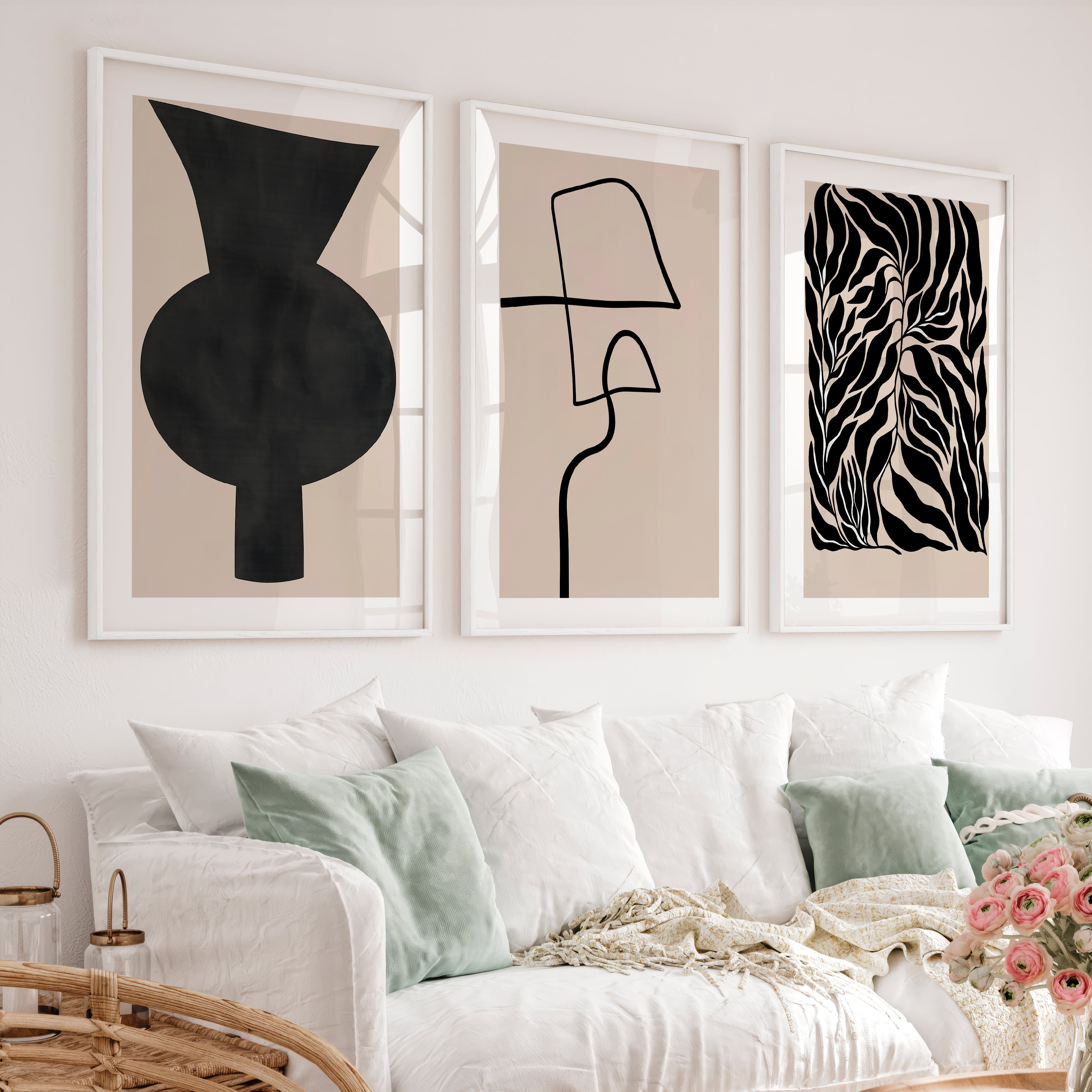Abstract Vase Japandi Room Decor with Botanical Panel - White Framed Poster with White Border - Artworksets