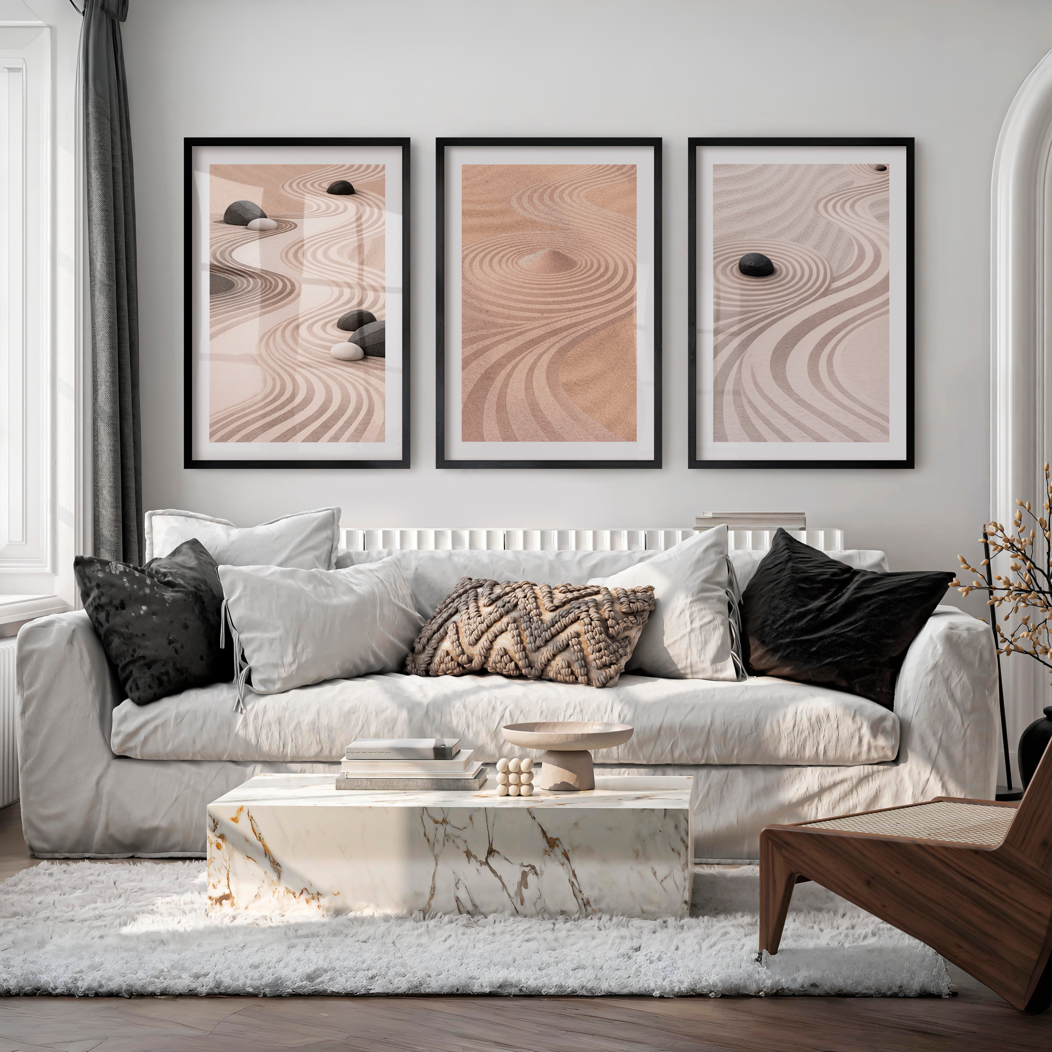 Flowing Sand japandi Print - Black Framed Poster with White Border - Artworksets