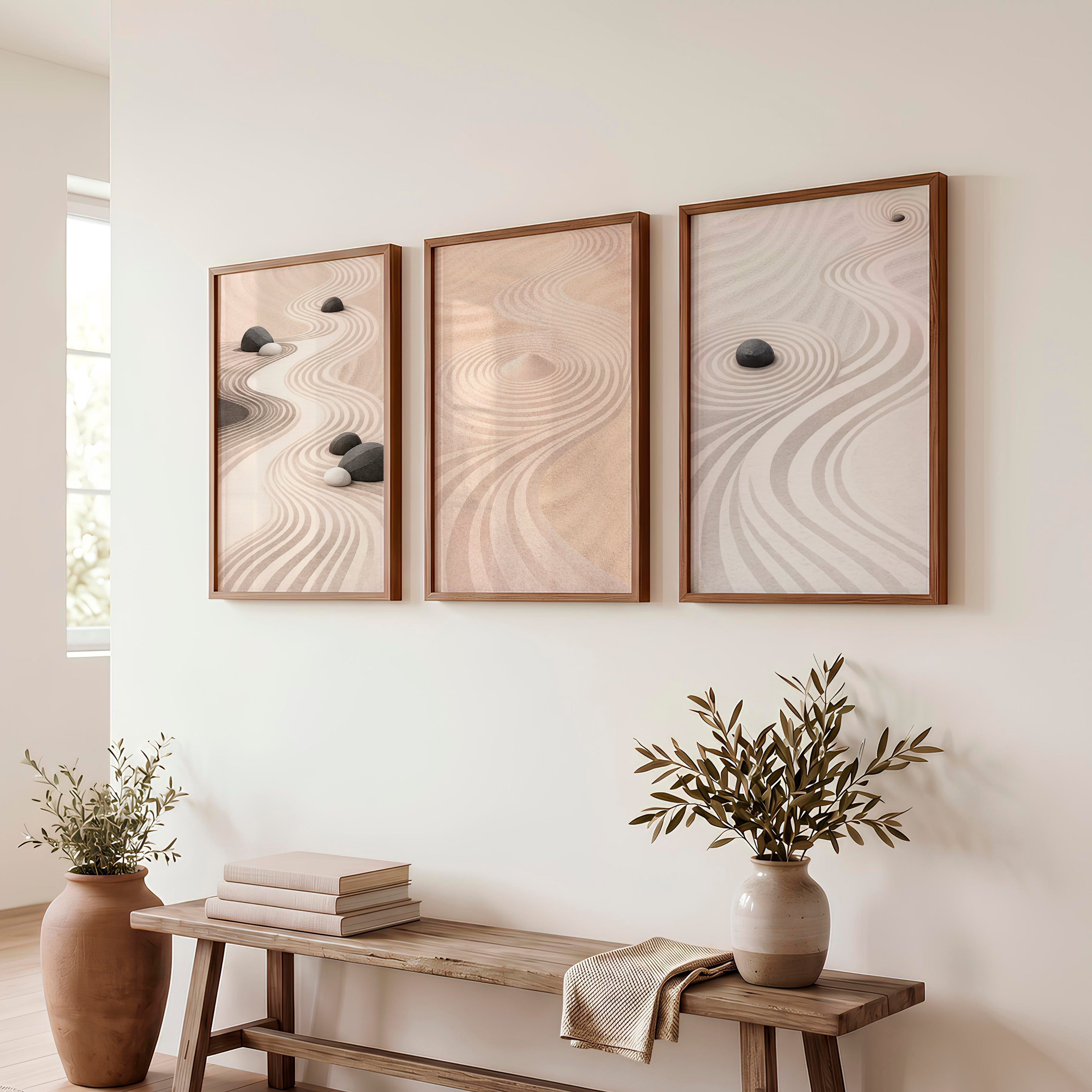 Flowing Sand japandi Print - Dark Brown Framed Poster No Border - Artworksets