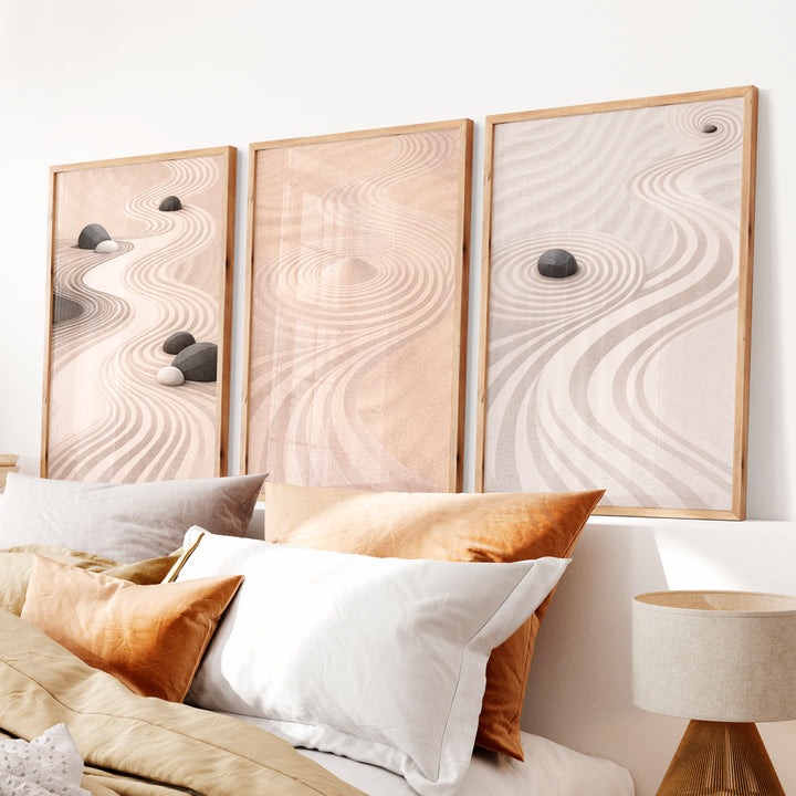 Flowing Sand japandi Print - Natural Wood Framed Poster No Border - Artworksets