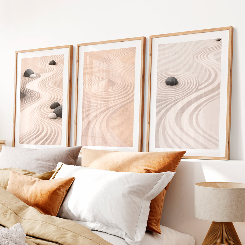 Flowing Sand japandi Print- Natural Wood Framed Poster with White Border - Artworksets