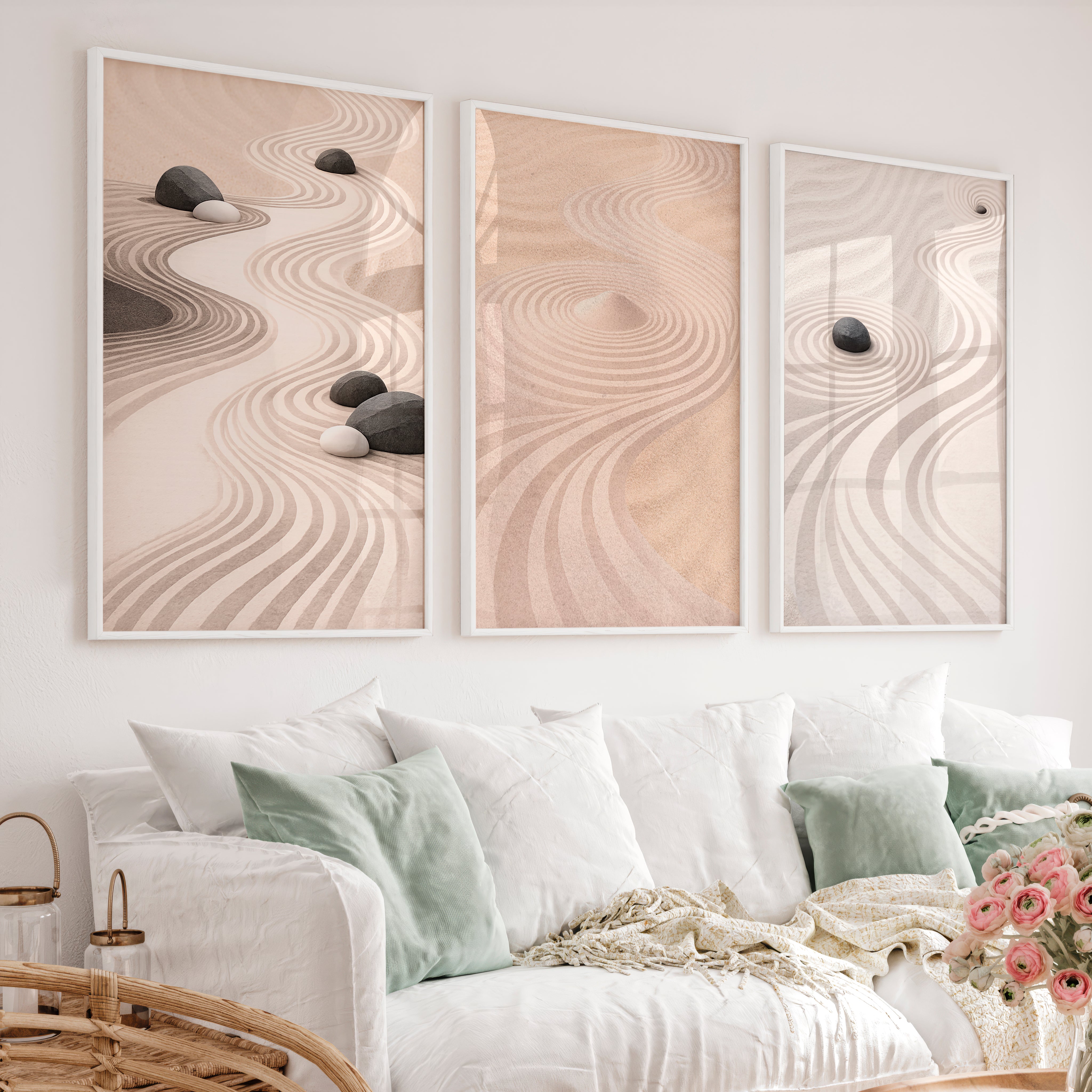 Flowing Sand japandi Print - White Framed Poster No Border - Artworksets