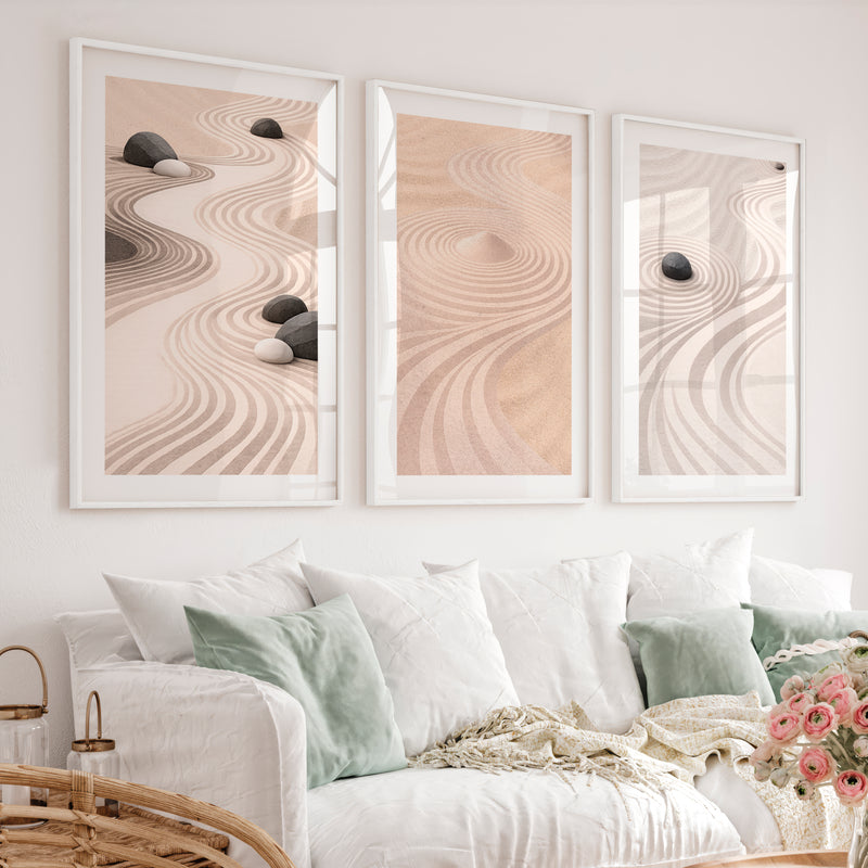 Flowing Sand japandi Print - White Framed Poster with White Border - Artworksets