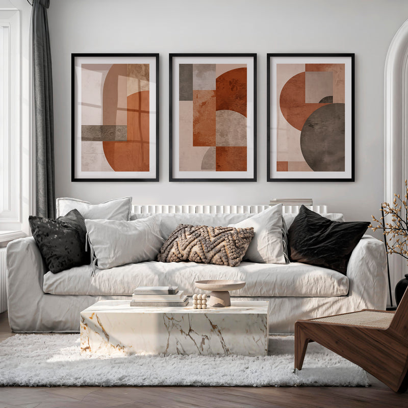 Layered Arches Japandi Style Art in Earth Tones - Black Framed Poster with White Border - Artworksets