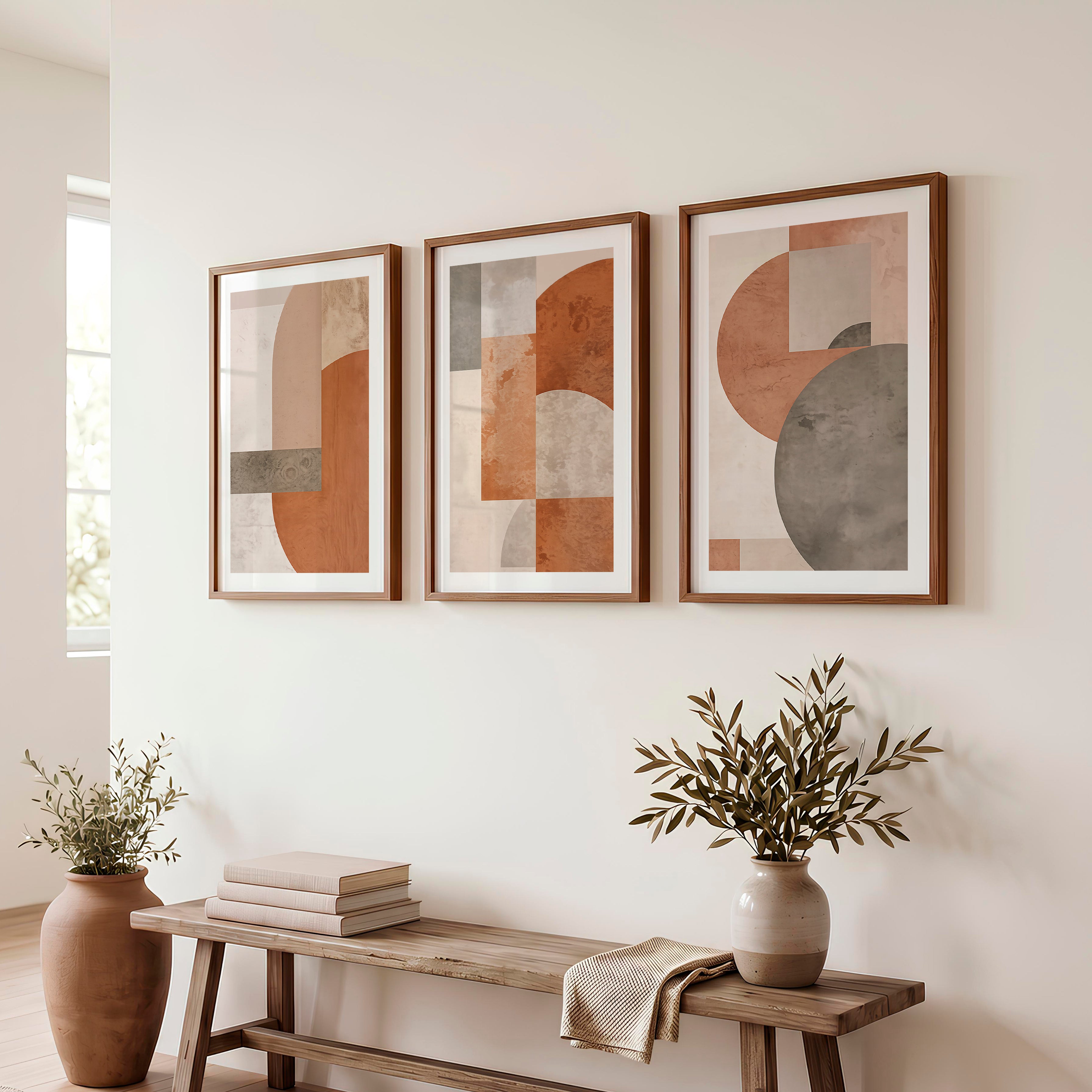 Layered Arches Japandi Style Art in Earth Tones - Dark Brown Framed Poster with White Border - Artworksets