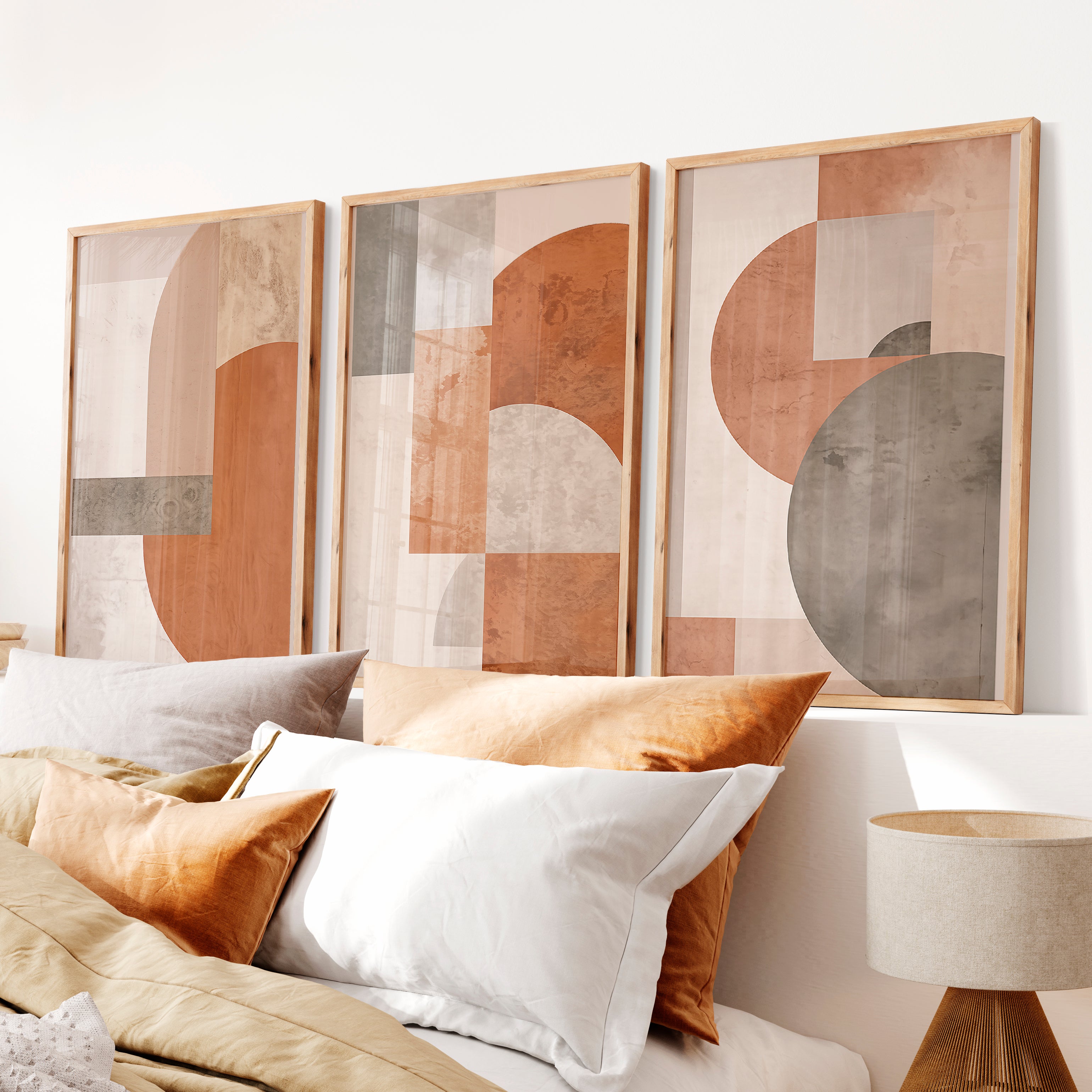 Layered Arches Japandi Style Art in Earth Tones - Natural Wood Framed Poster No Border - Artworksets