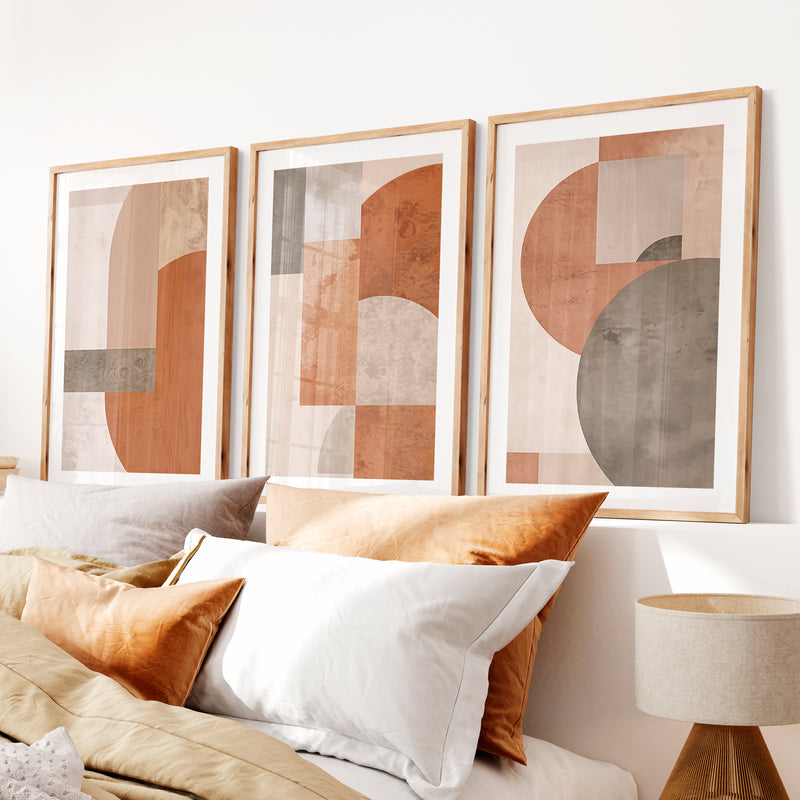 Layered Arches Japandi Style Art in Earth Tones- Natural Wood Framed Poster with White Border - Artworksets