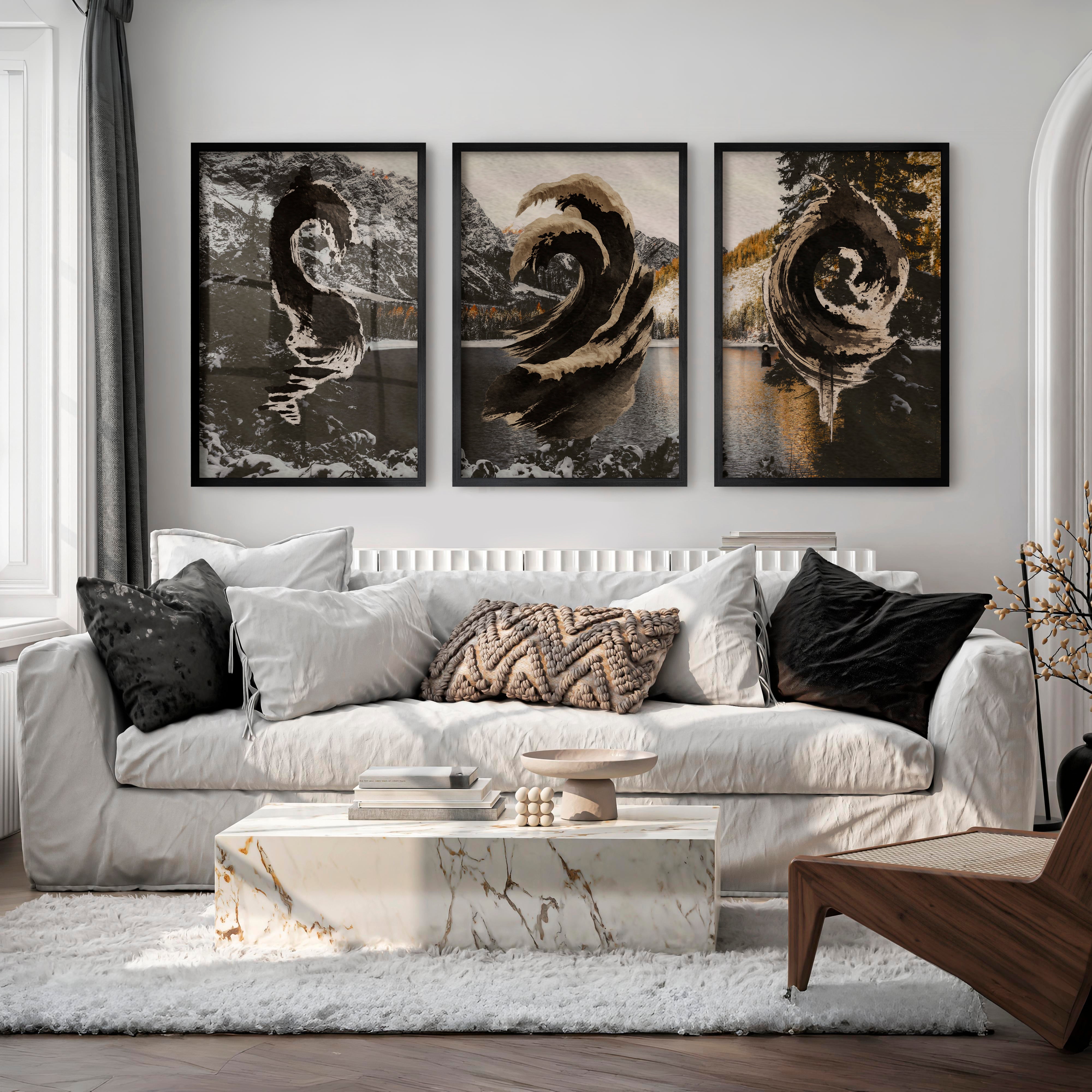 Sepia Ink Waves japandi style art - Black Framed Poster No Border - Artworksets