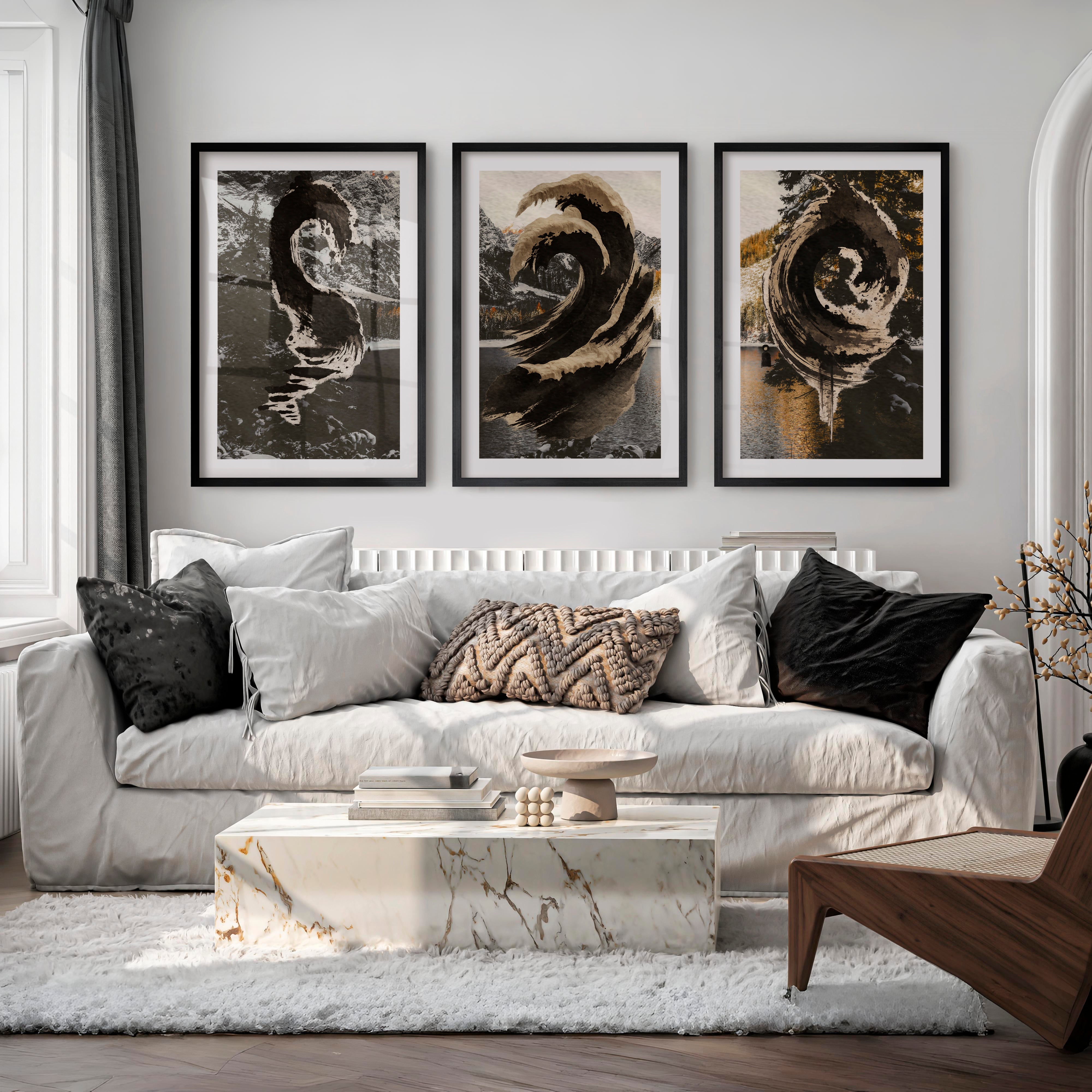 Sepia Ink Waves japandi style art - Black Framed Poster with White Border - Artworksets