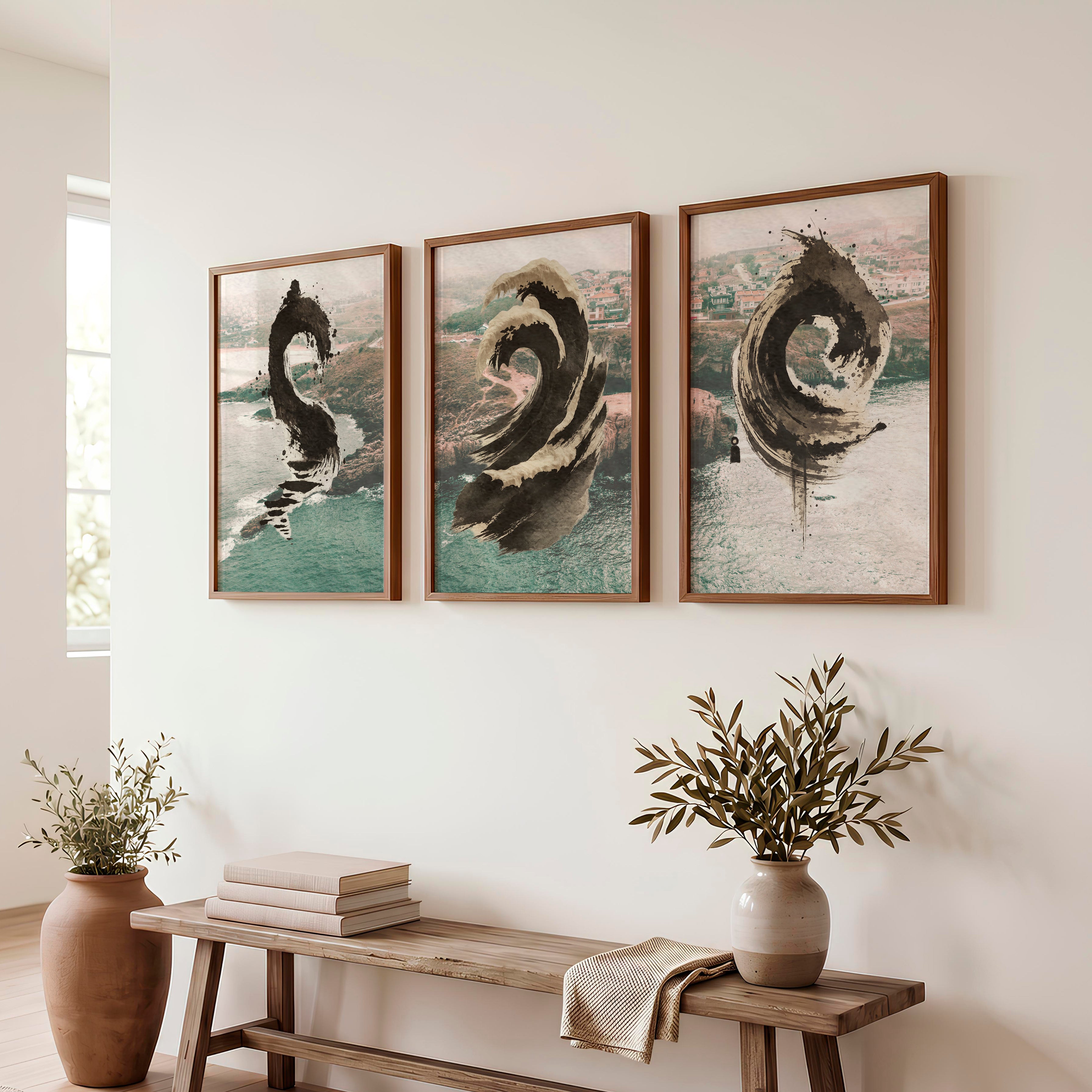 Sepia Ink Waves japandi style art - Dark Brown Framed Poster No Border - Artworksets