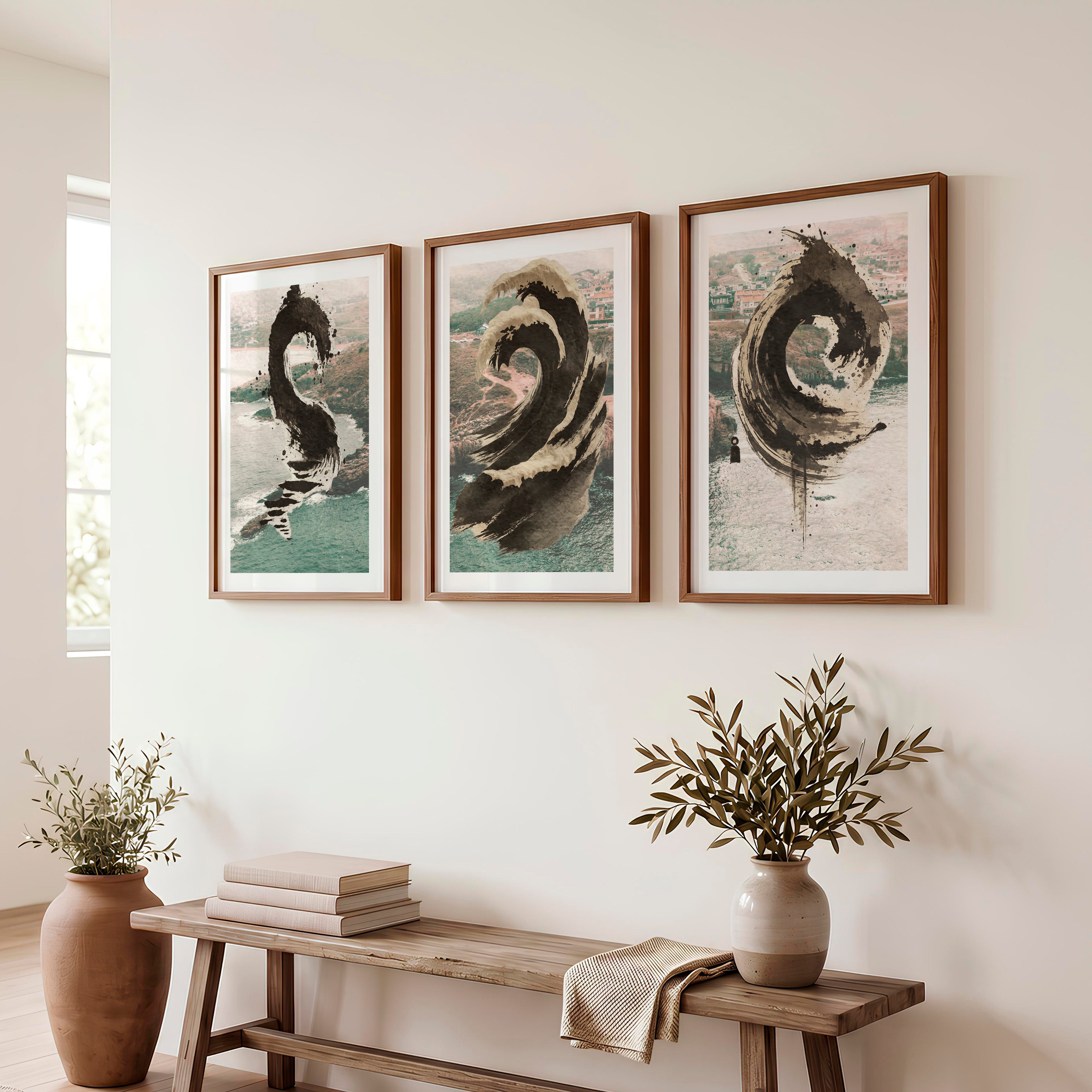 Sepia Ink Waves japandi style art - Dark Brown Framed Poster with White Border - Artworksets