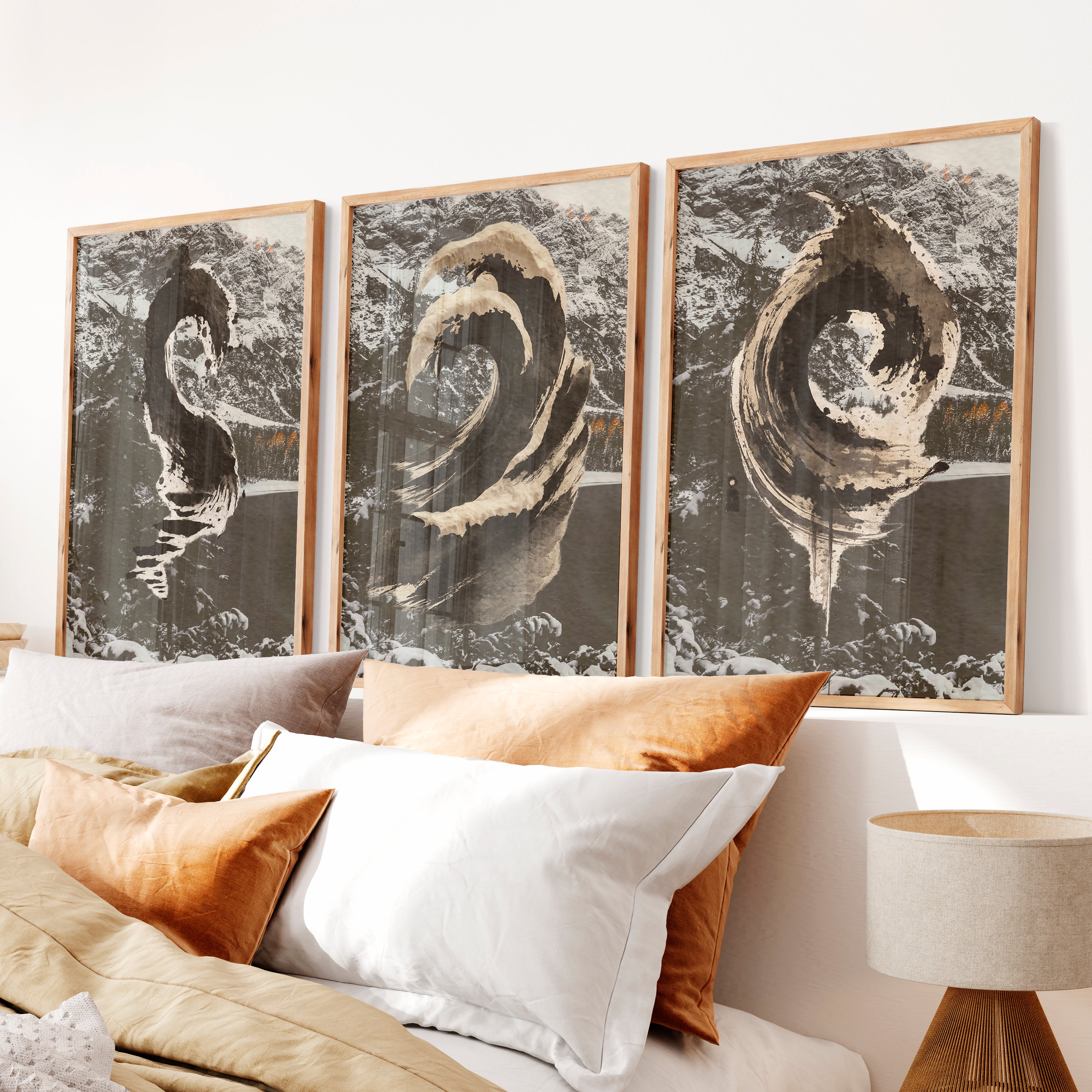Sepia Ink Waves japandi style art - Natural Wood Framed Poster No Border - Artworksets