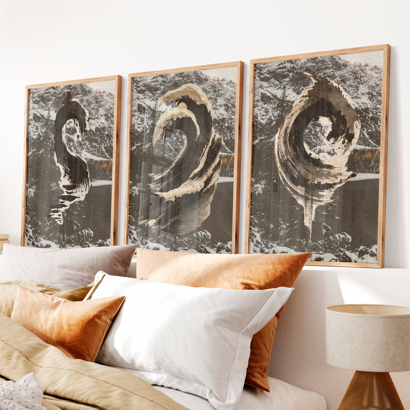 Sepia Ink Waves japandi style art - Natural Wood Framed Poster No Border - Artworksets