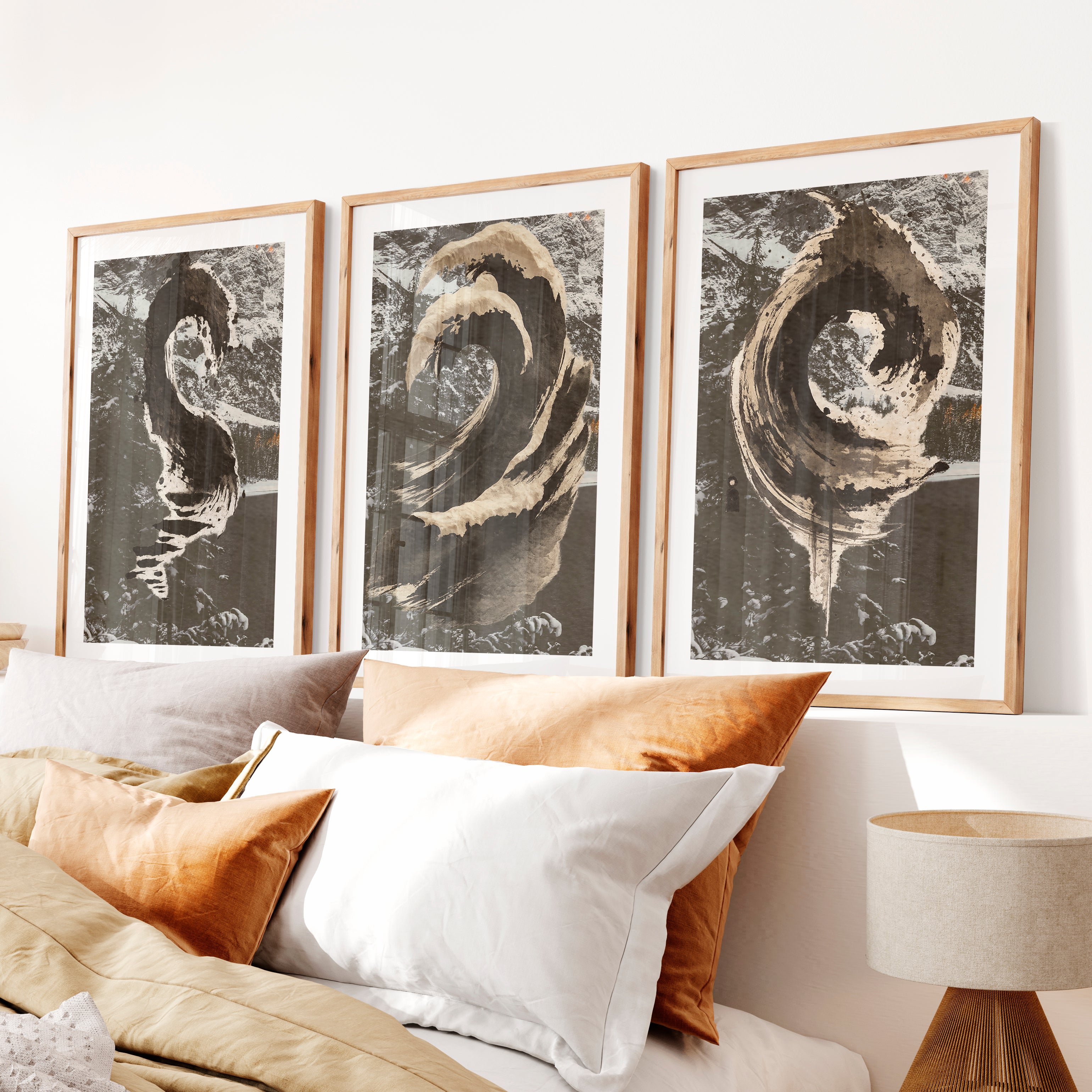 Sepia Ink Waves japandi style art- Natural Wood Framed Poster with White Border - Artworksets