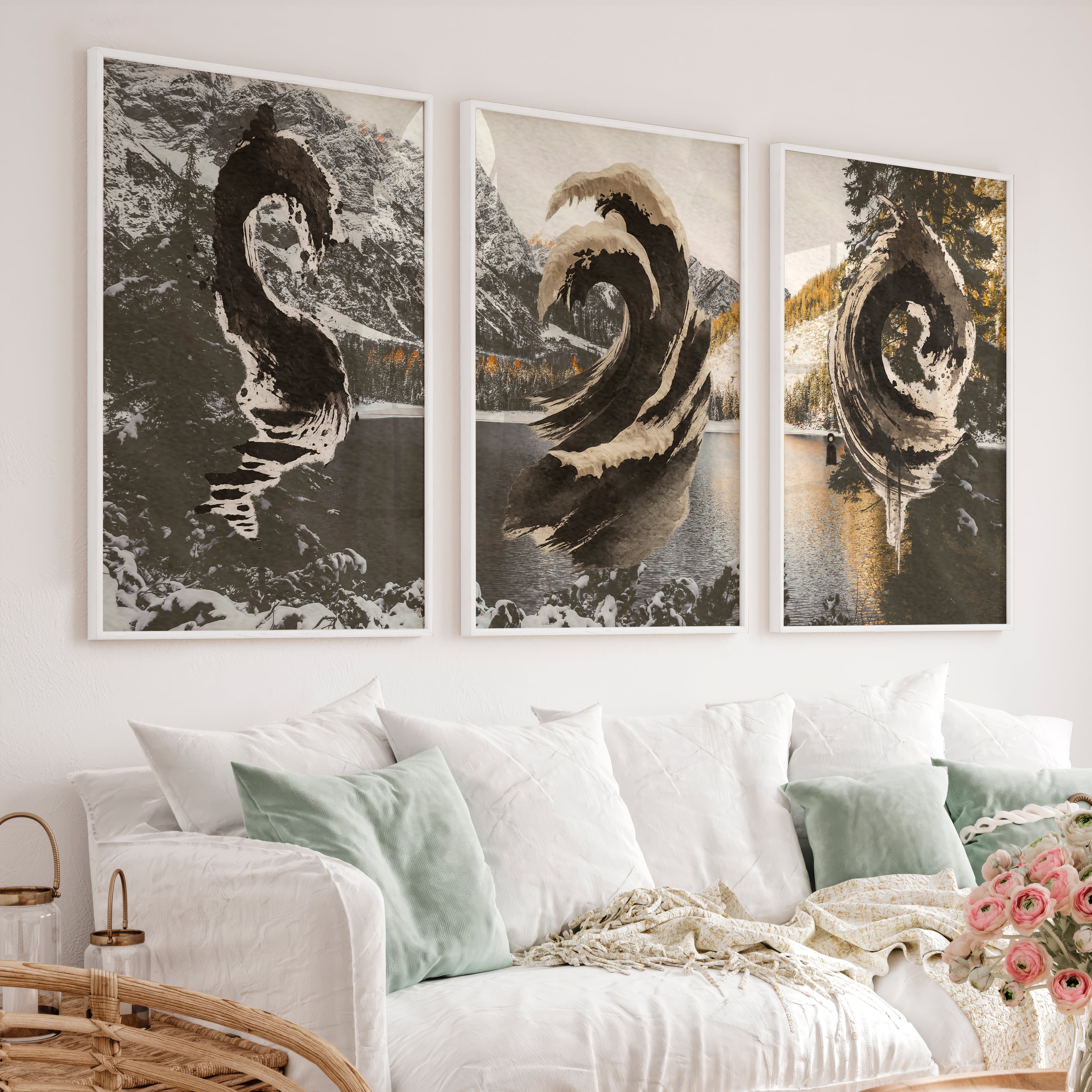 Sepia Ink Waves japandi style art - White Framed Poster No Border - Artworksets