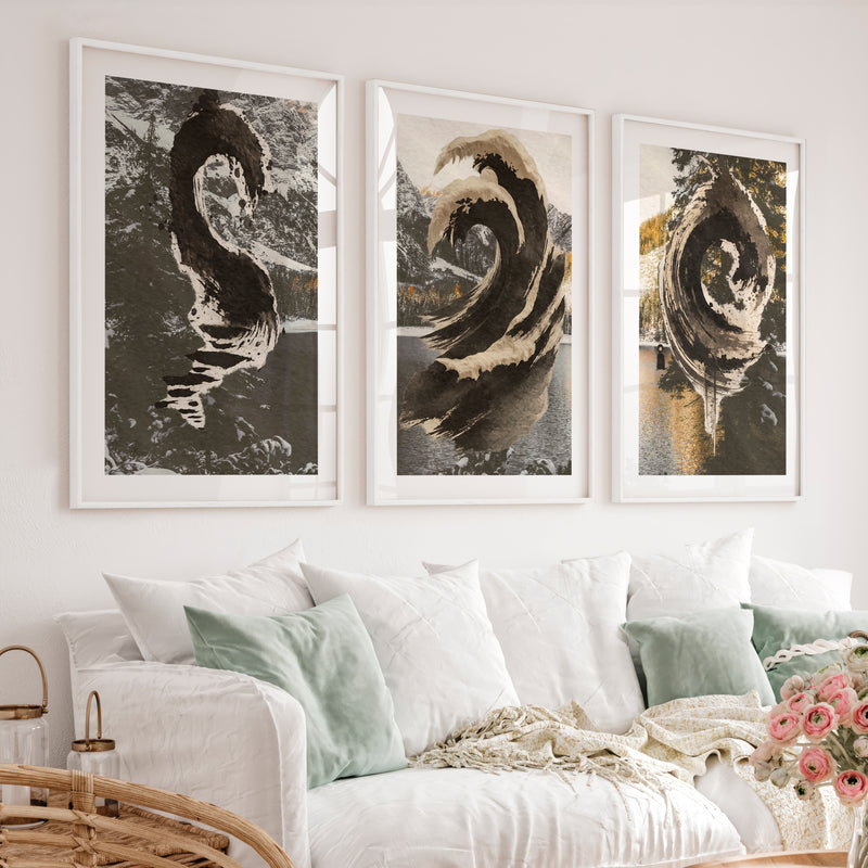 Sepia Ink Waves japandi style art - White Framed Poster with White Border - Artworksets