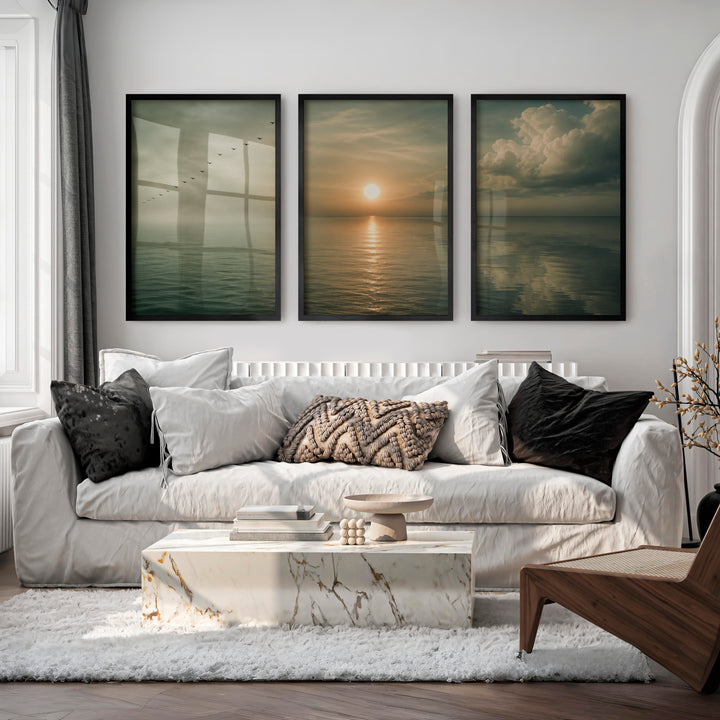 Calm Ocean Sunrise Japandi Style Art - Black Framed Poster No Border - Artworksets