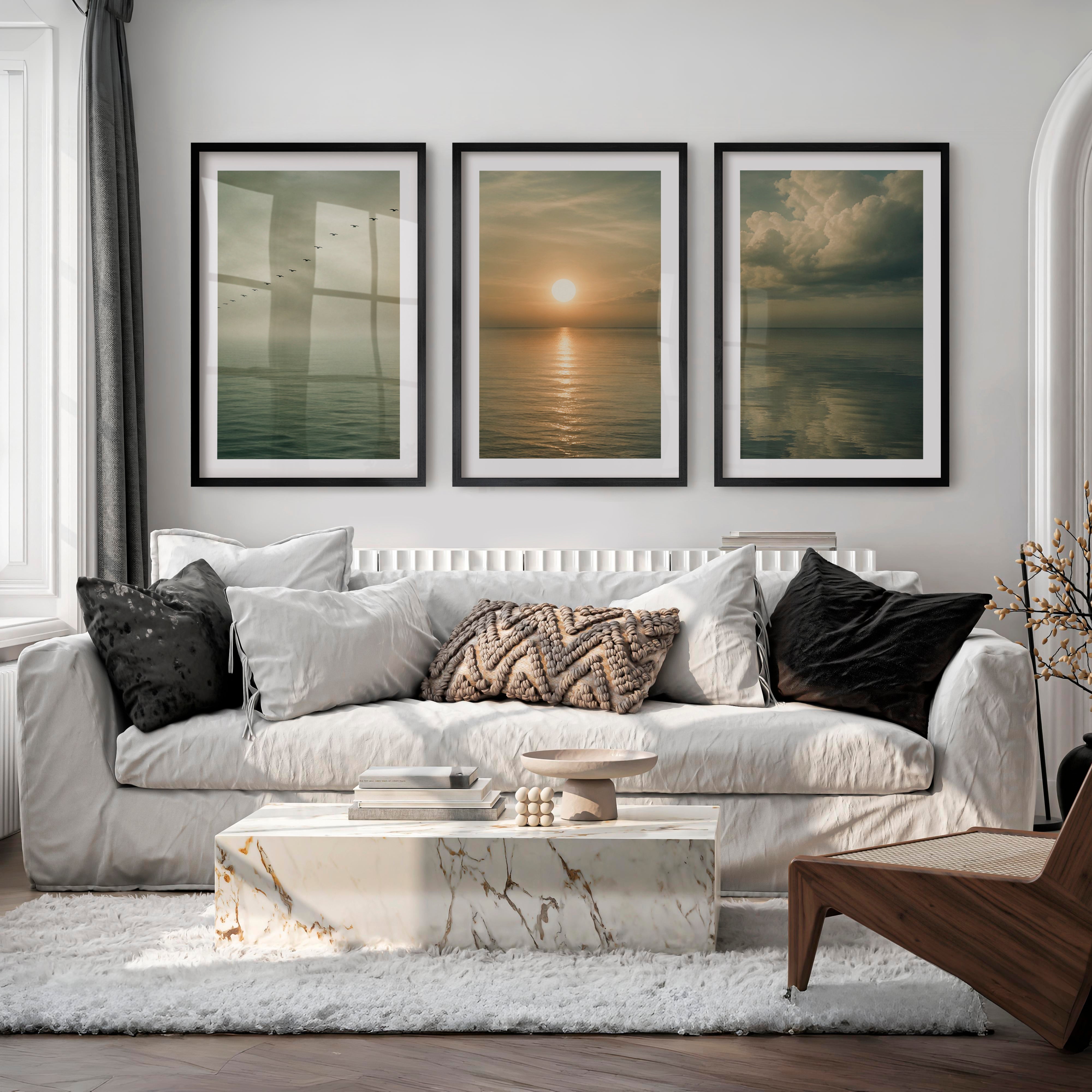 Calm Ocean Sunrise Japandi Style Art - Black Framed Poster with White Border - Artworksets