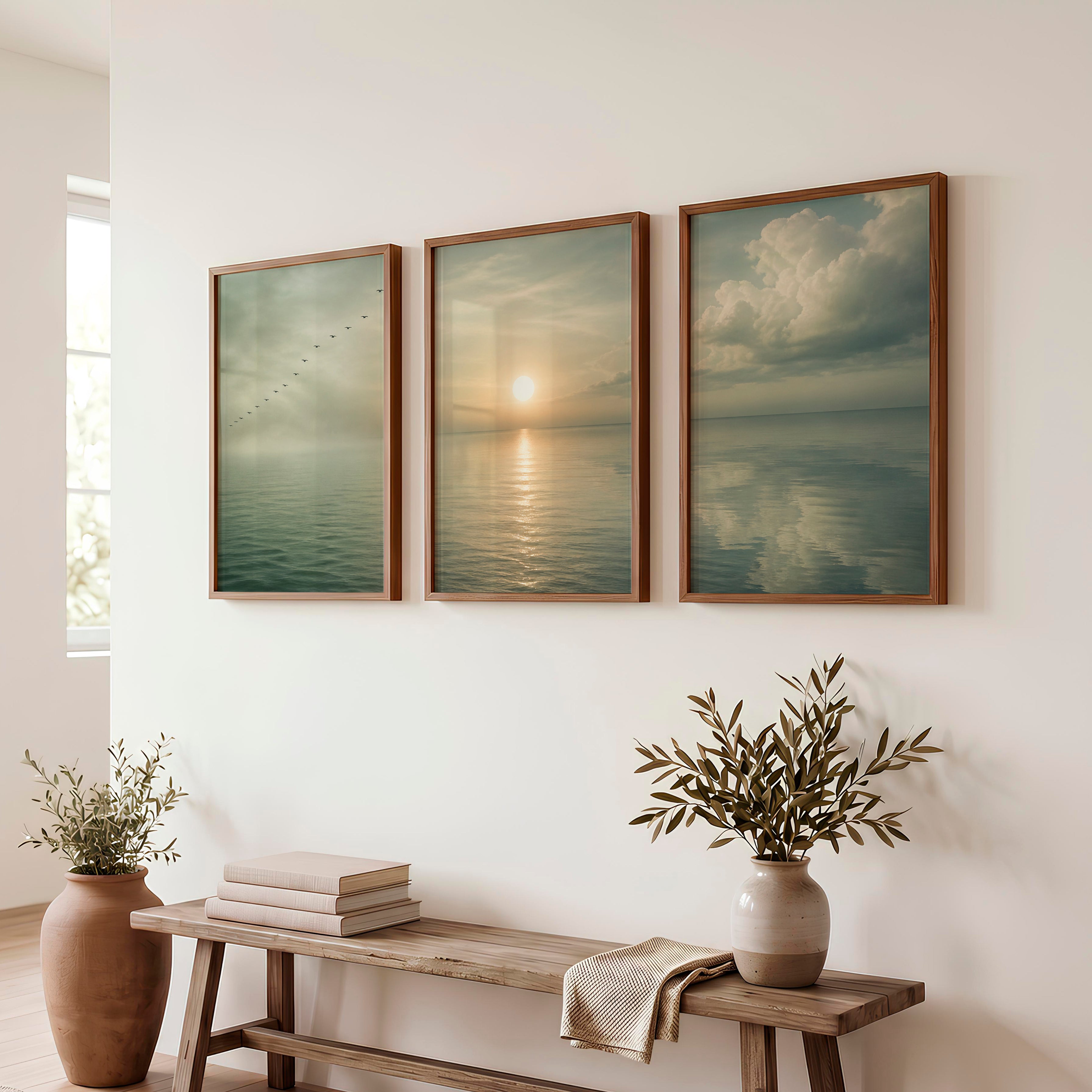 Calm Ocean Sunrise Japandi Style Art - Dark Brown Framed Poster No Border - Artworksets