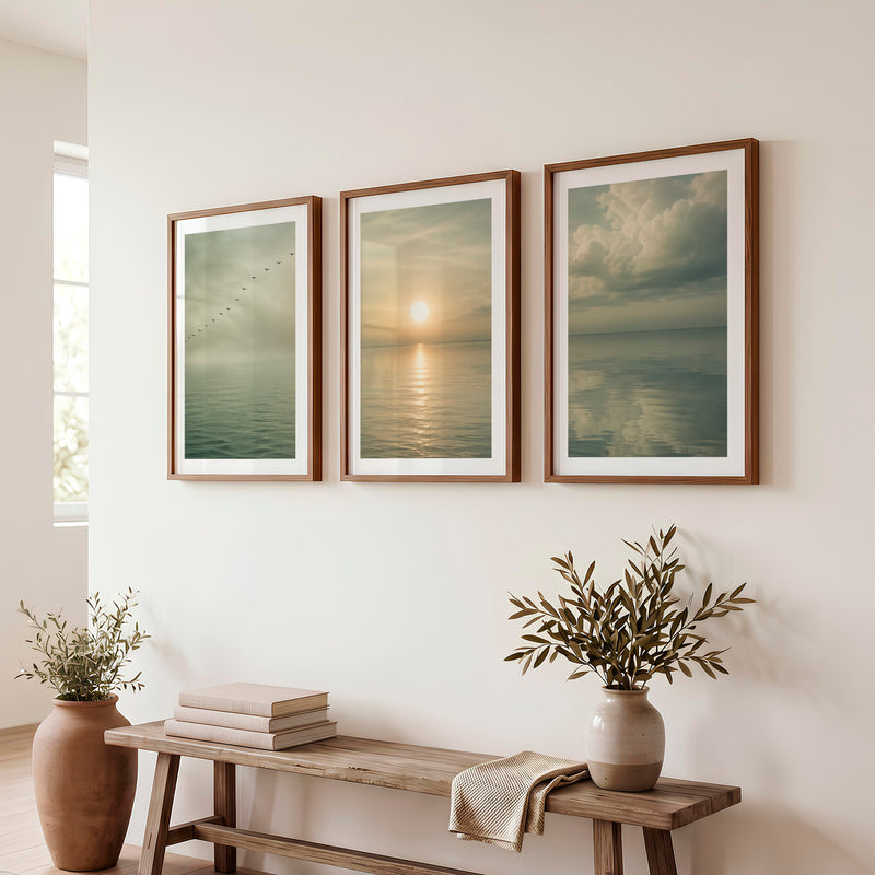 Calm Ocean Sunrise Japandi Style Art - Dark Brown Framed Poster with White Border - Artworksets