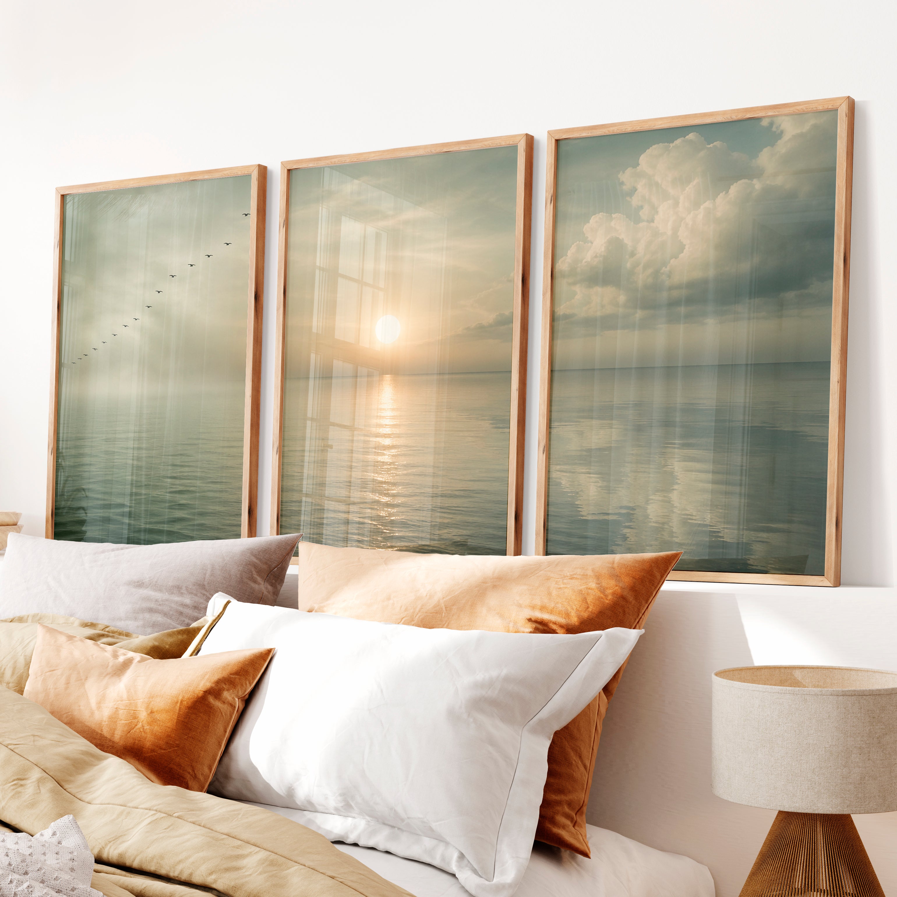 Calm Ocean Sunrise Japandi Style Art - Natural Wood Framed Poster No Border - Artworksets