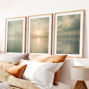 Calm Ocean Sunrise Japandi Style Art- Natural Wood Framed Poster with White Border - Artworksets
