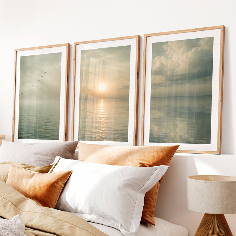 Calm Ocean Sunrise Japandi Style Art- Natural Wood Framed Poster with White Border - Artworksets