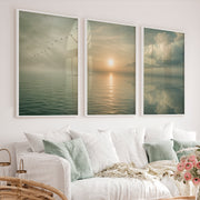 Calm Ocean Sunrise Japandi Style Art - White Framed Poster No Border - Artworksets