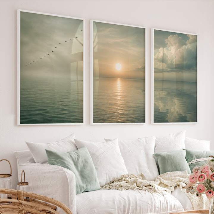 Calm Ocean Sunrise Japandi Style Art - White Framed Poster No Border - Artworksets