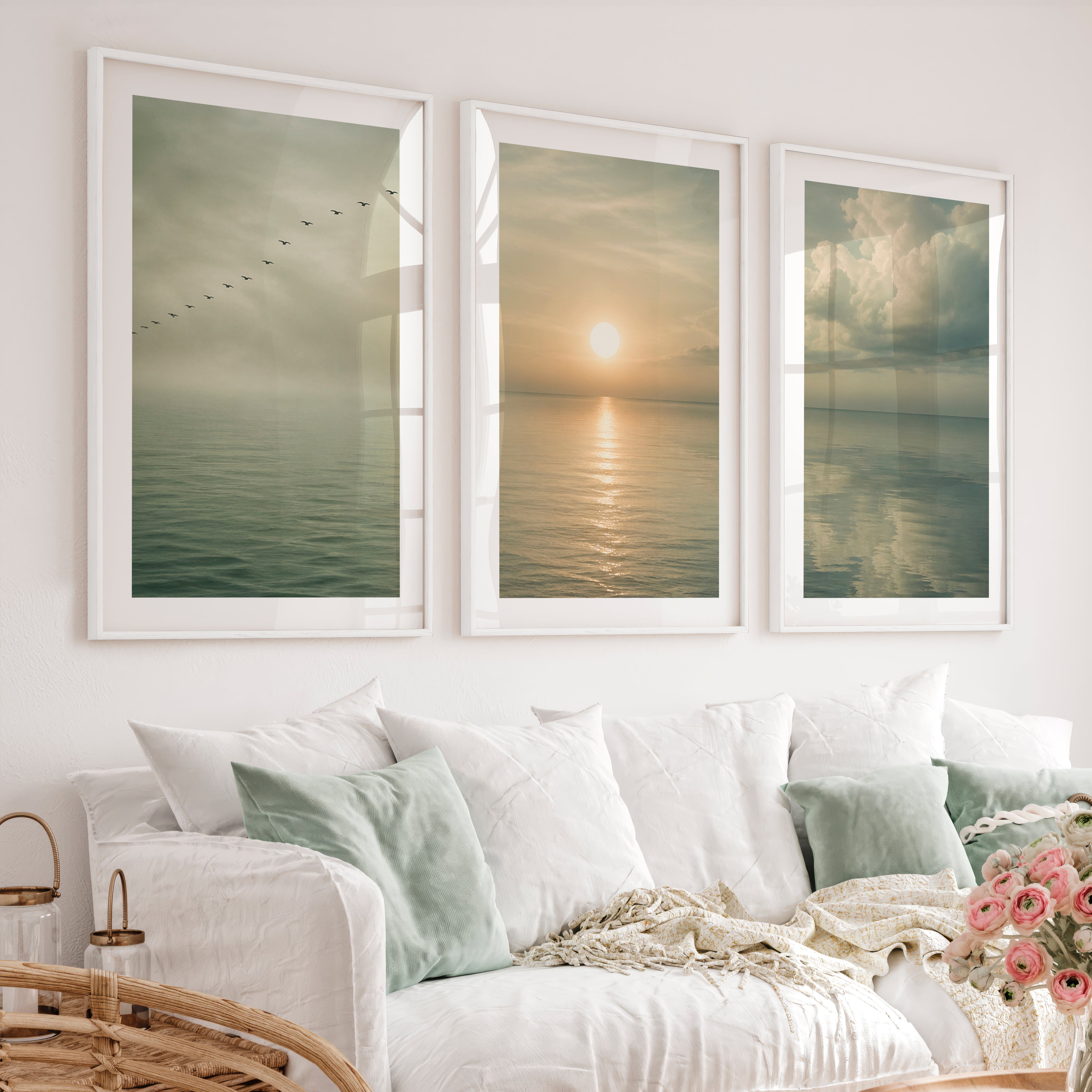 Calm Ocean Sunrise Japandi Style Art - White Framed Poster with White Border - Artworksets