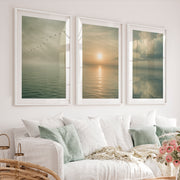 Calm Ocean Sunrise Japandi Style Art - White Framed Poster with White Border - Artworksets