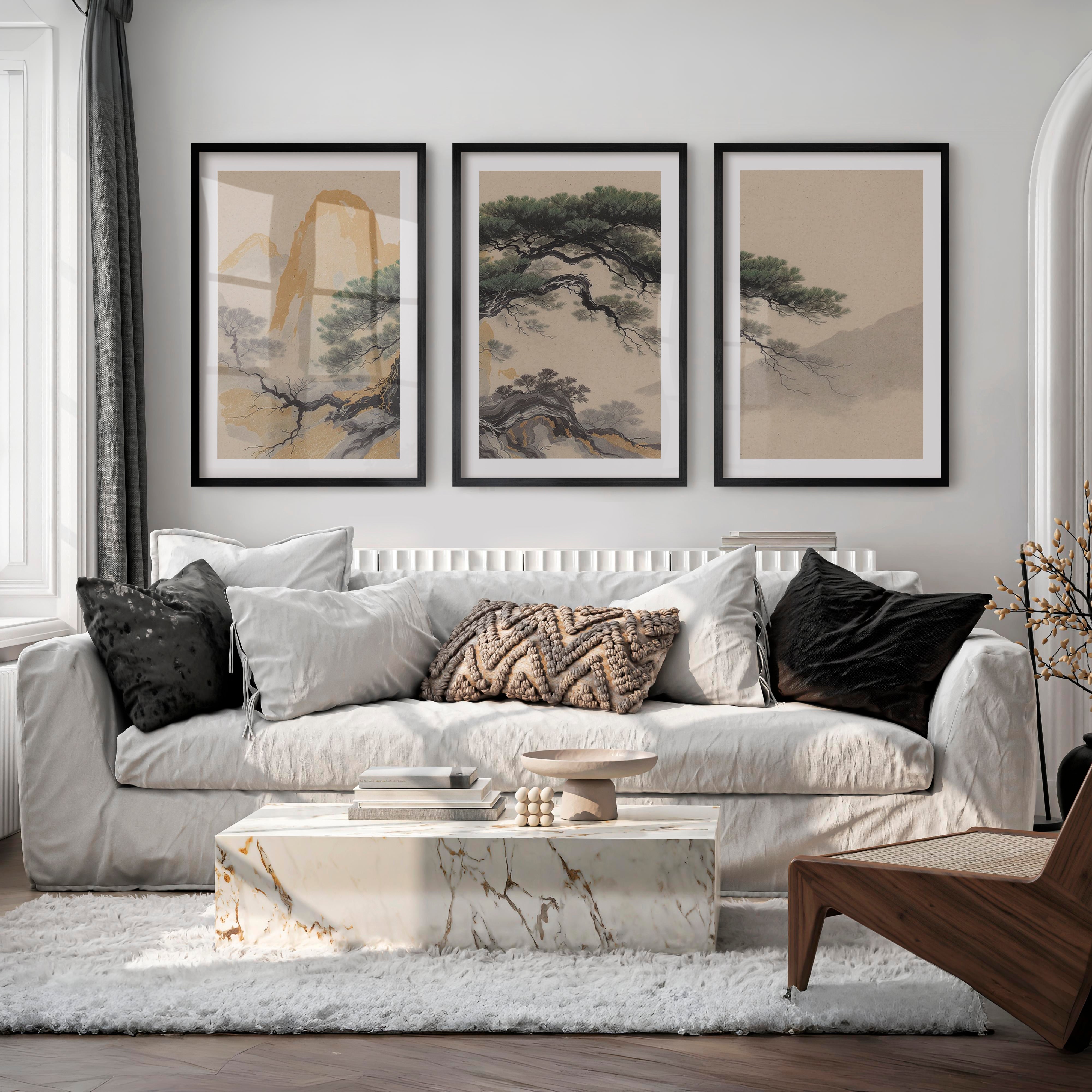 Twisted Pine japandi style art - Black Framed Poster with White Border - Artworksets