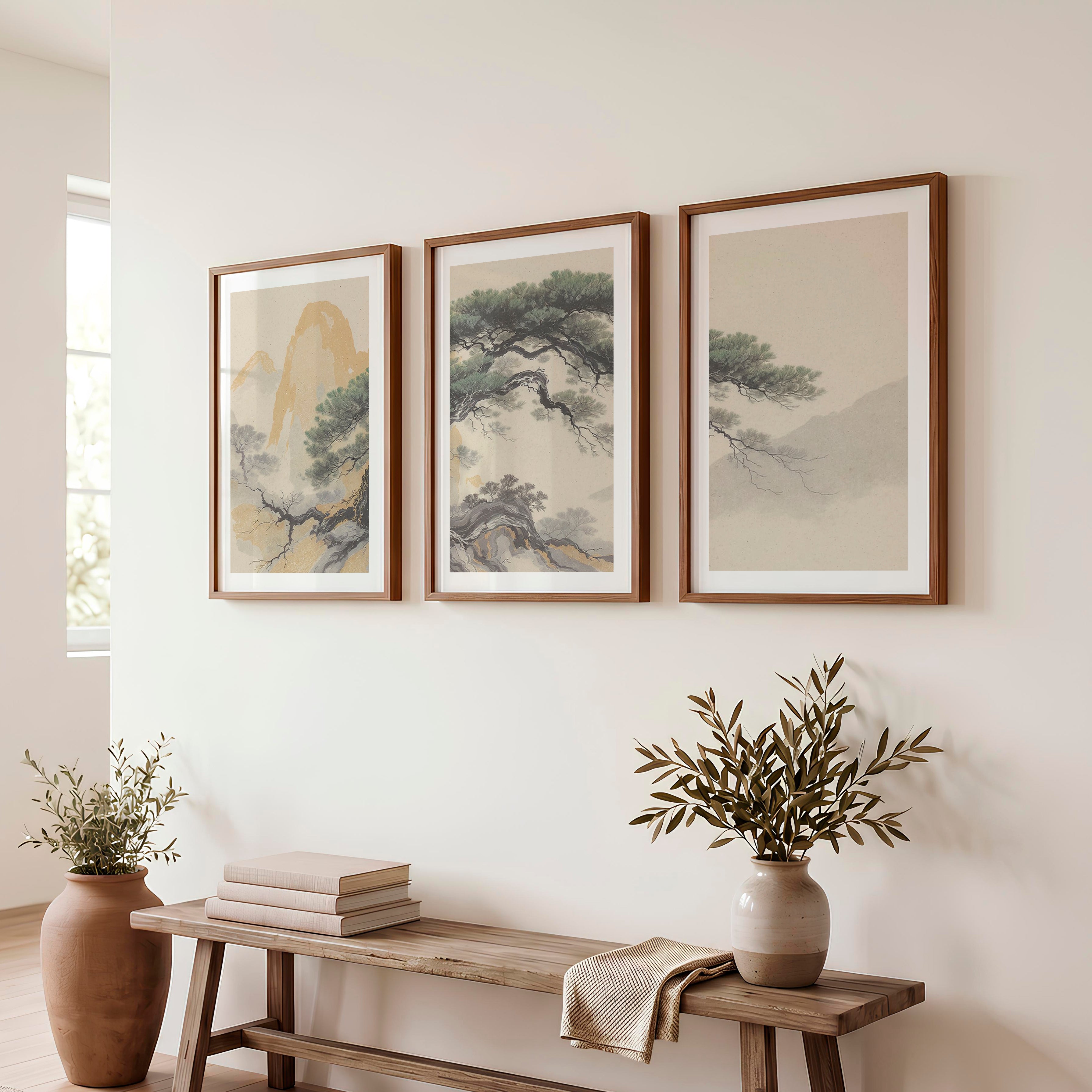 Twisted Pine japandi style art - Dark Brown Framed Poster with White Border - Artworksets