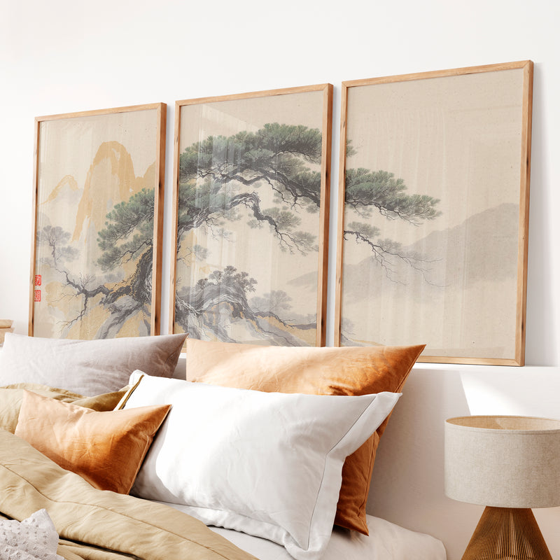 Twisted Pine japandi style art - Natural Wood Framed Poster No Border - Artworksets