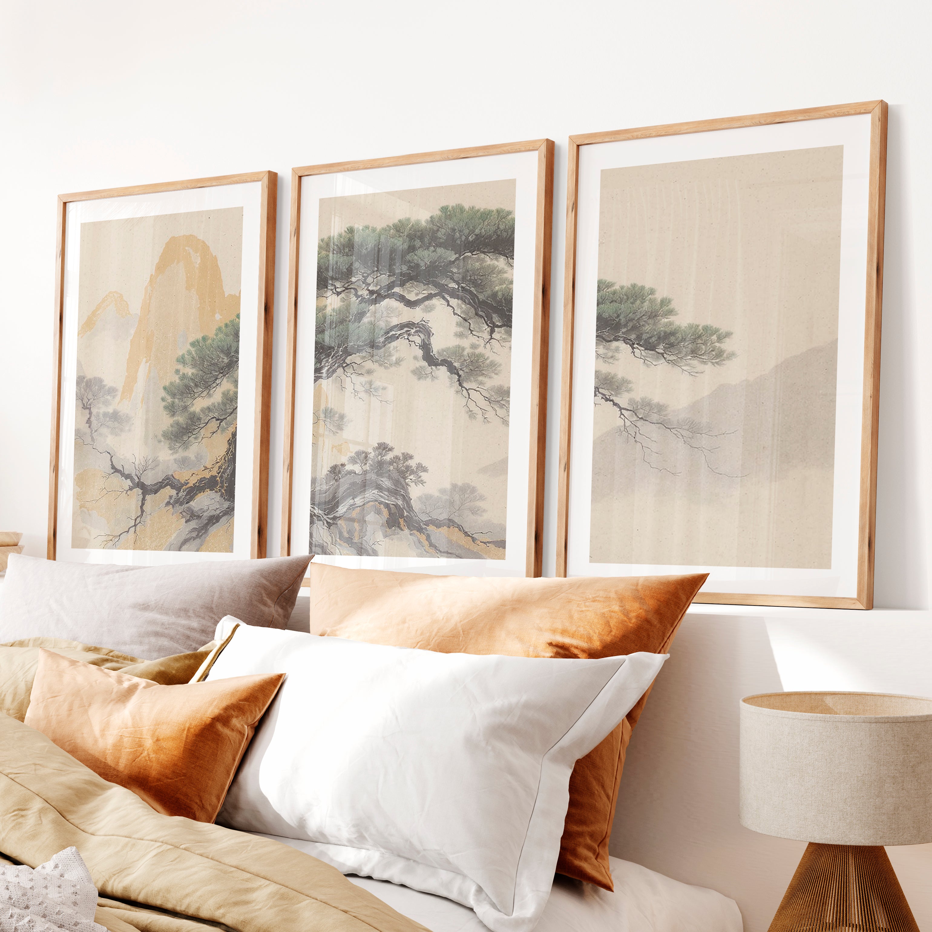 Twisted Pine japandi style art- Natural Wood Framed Poster with White Border - Artworksets