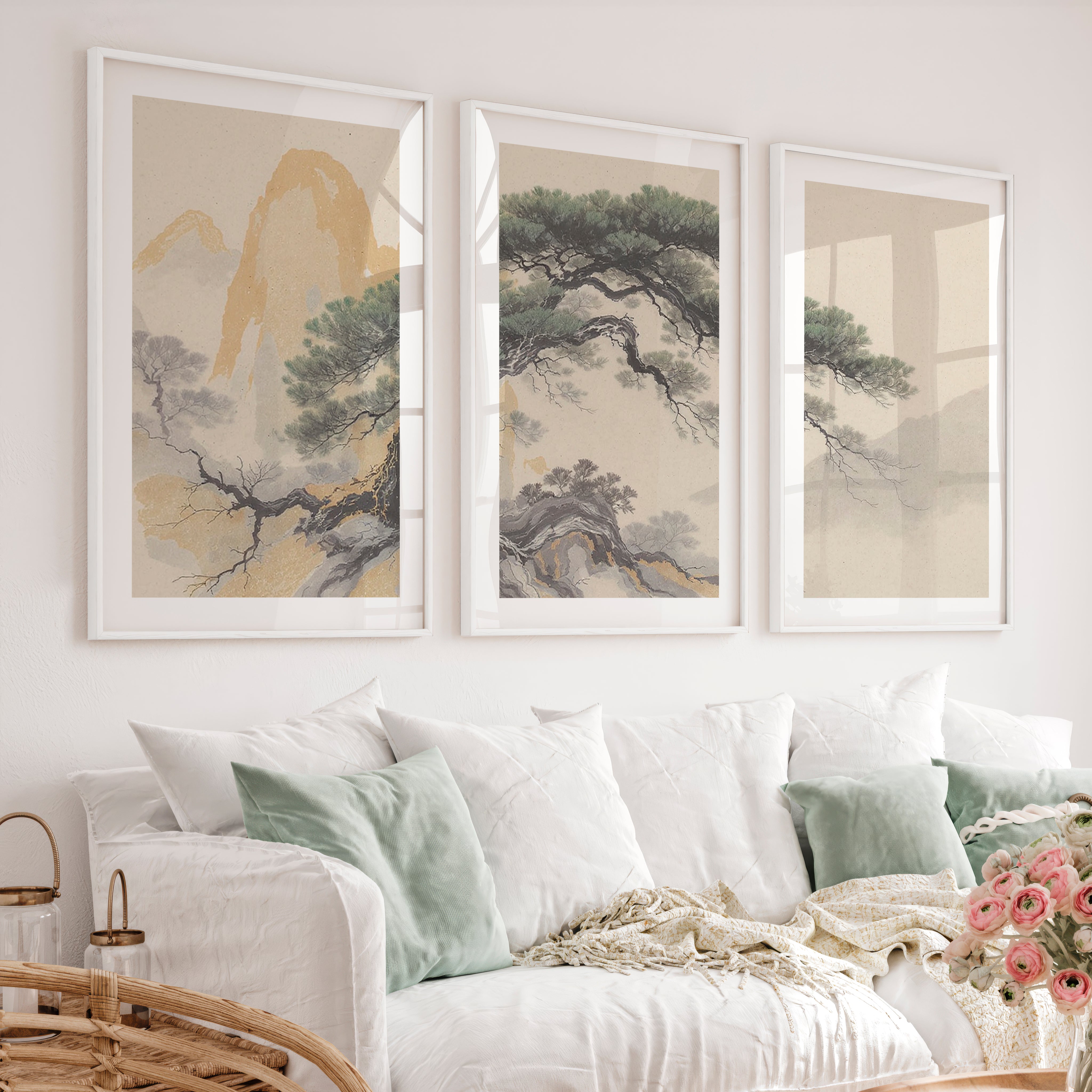 Twisted Pine japandi style art - White Framed Poster with White Border - Artworksets