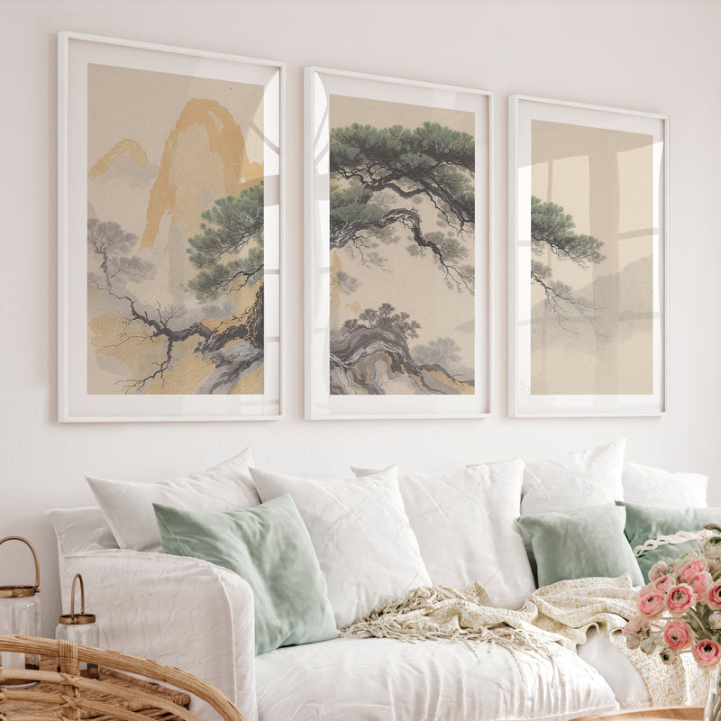 Twisted Pine japandi style art - White Framed Poster with White Border - Artworksets