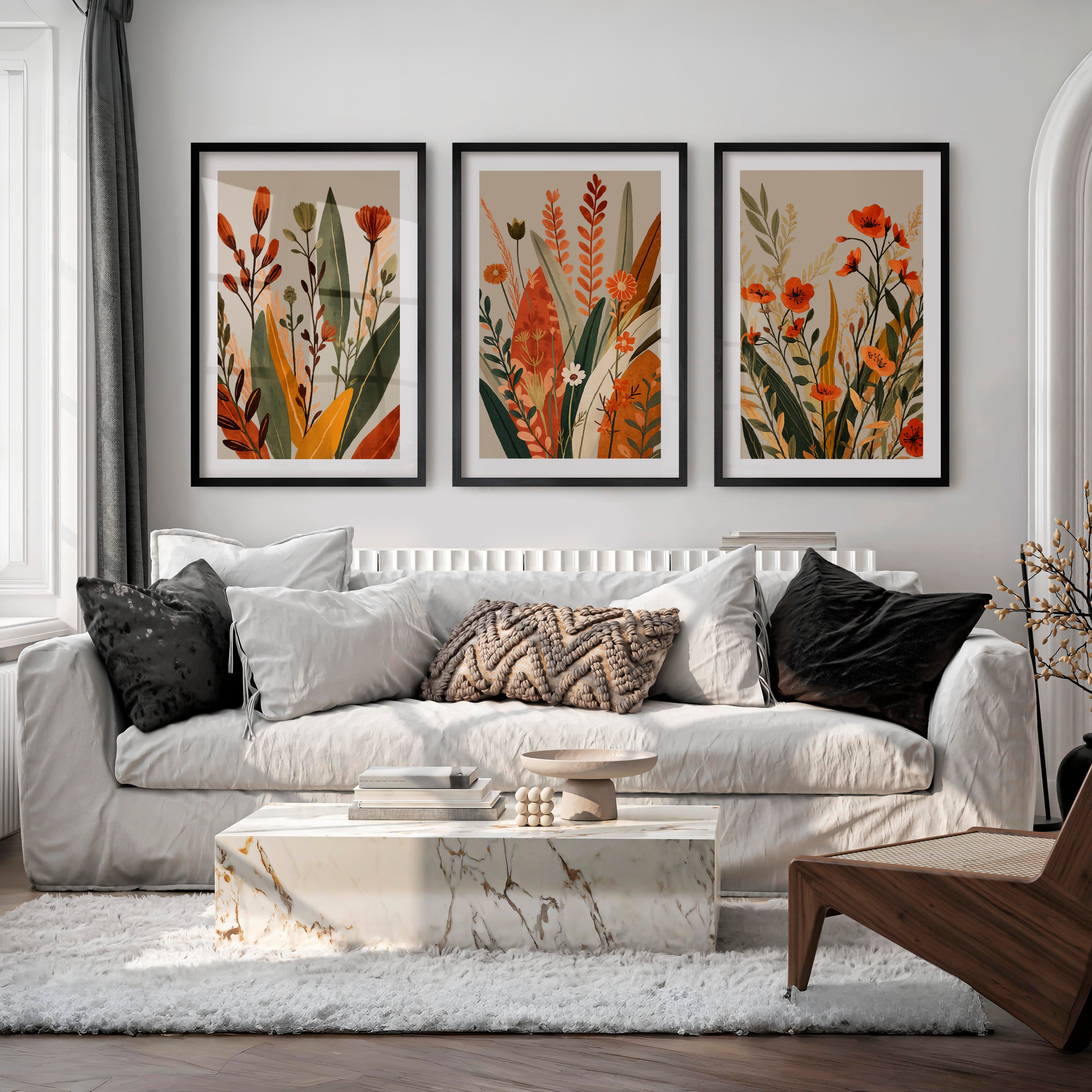 Wildflower Meadow japandi style art - Black Framed Poster with White Border - Artworksets