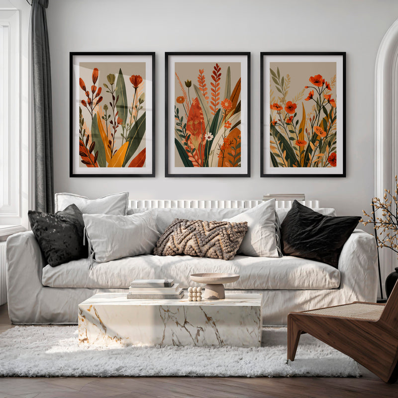 Wildflower Meadow japandi style art - Black Framed Poster with White Border - Artworksets