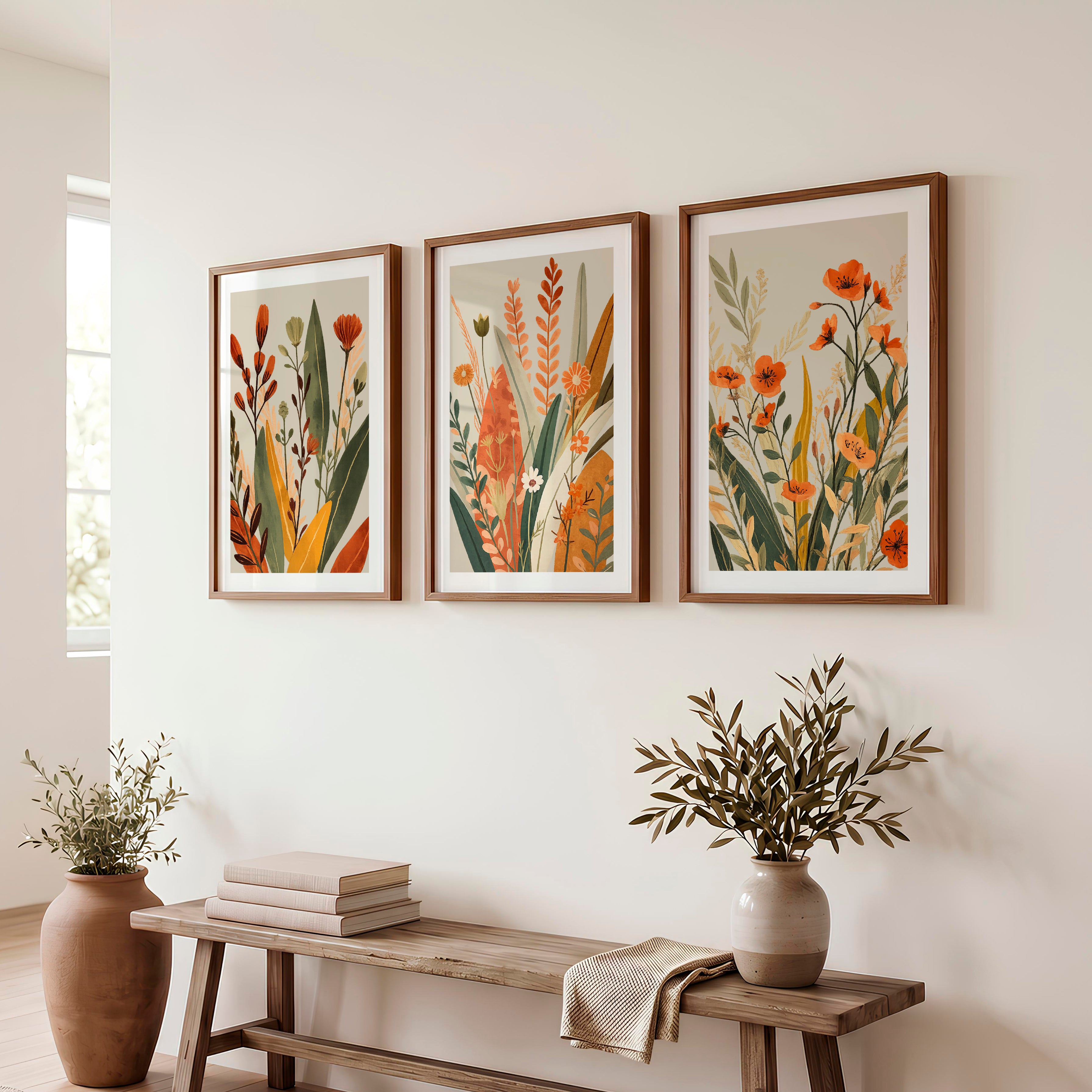 Wildflower Meadow japandi style art - Dark Brown Framed Poster with White Border - Artworksets
