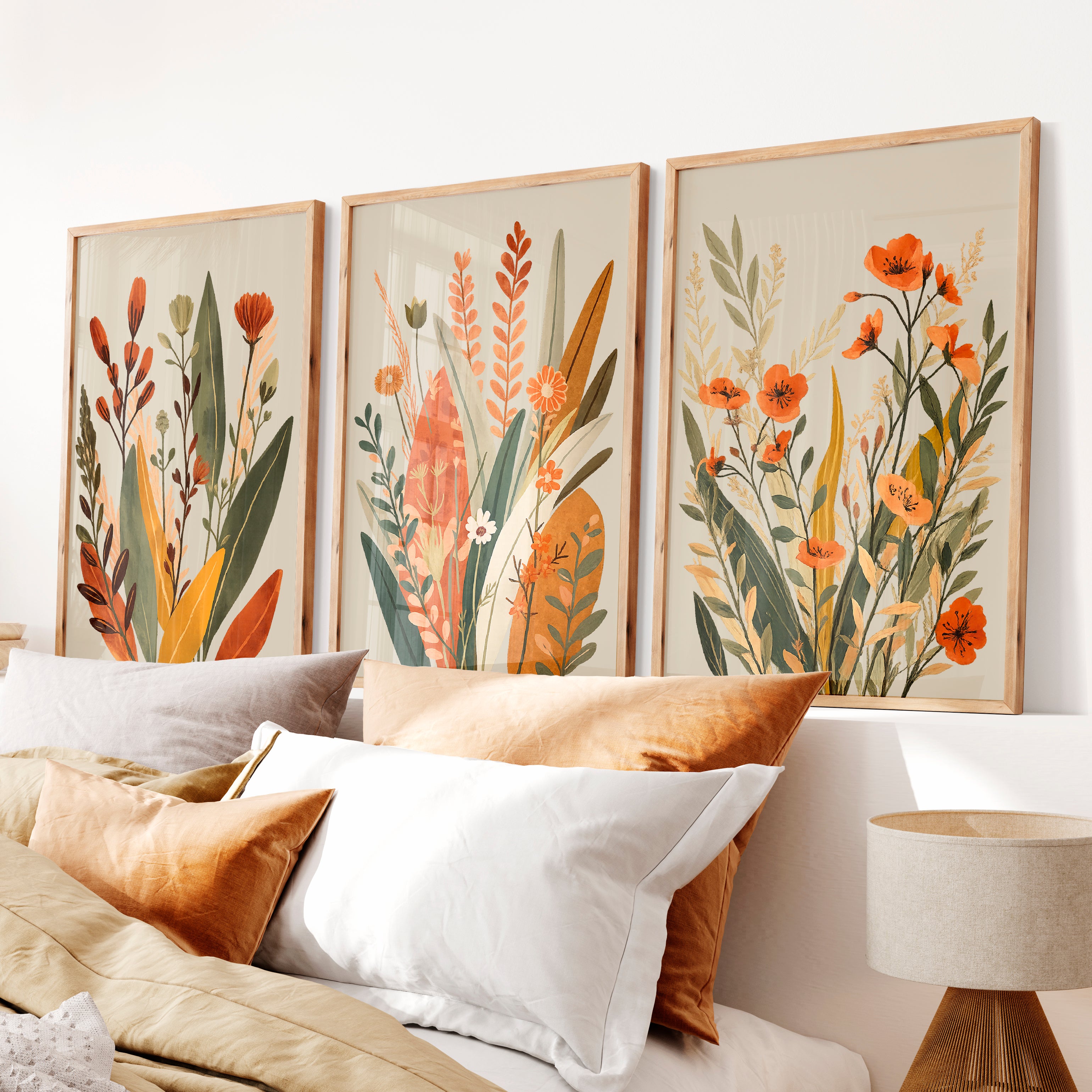 Wildflower Meadow japandi style art - Natural Wood Framed Poster No Border - Artworksets