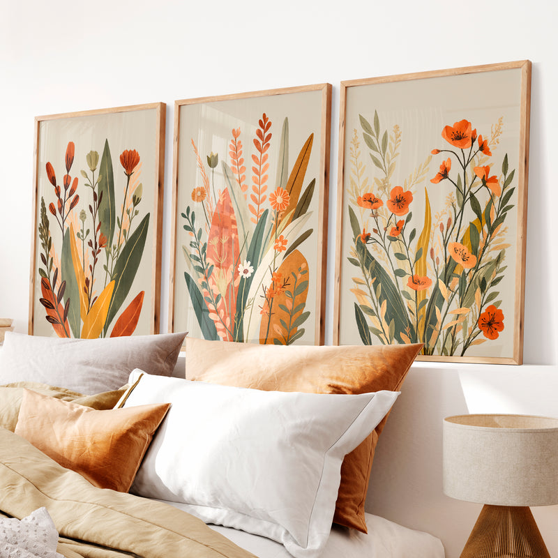 Wildflower Meadow japandi style art - Natural Wood Framed Poster No Border - Artworksets