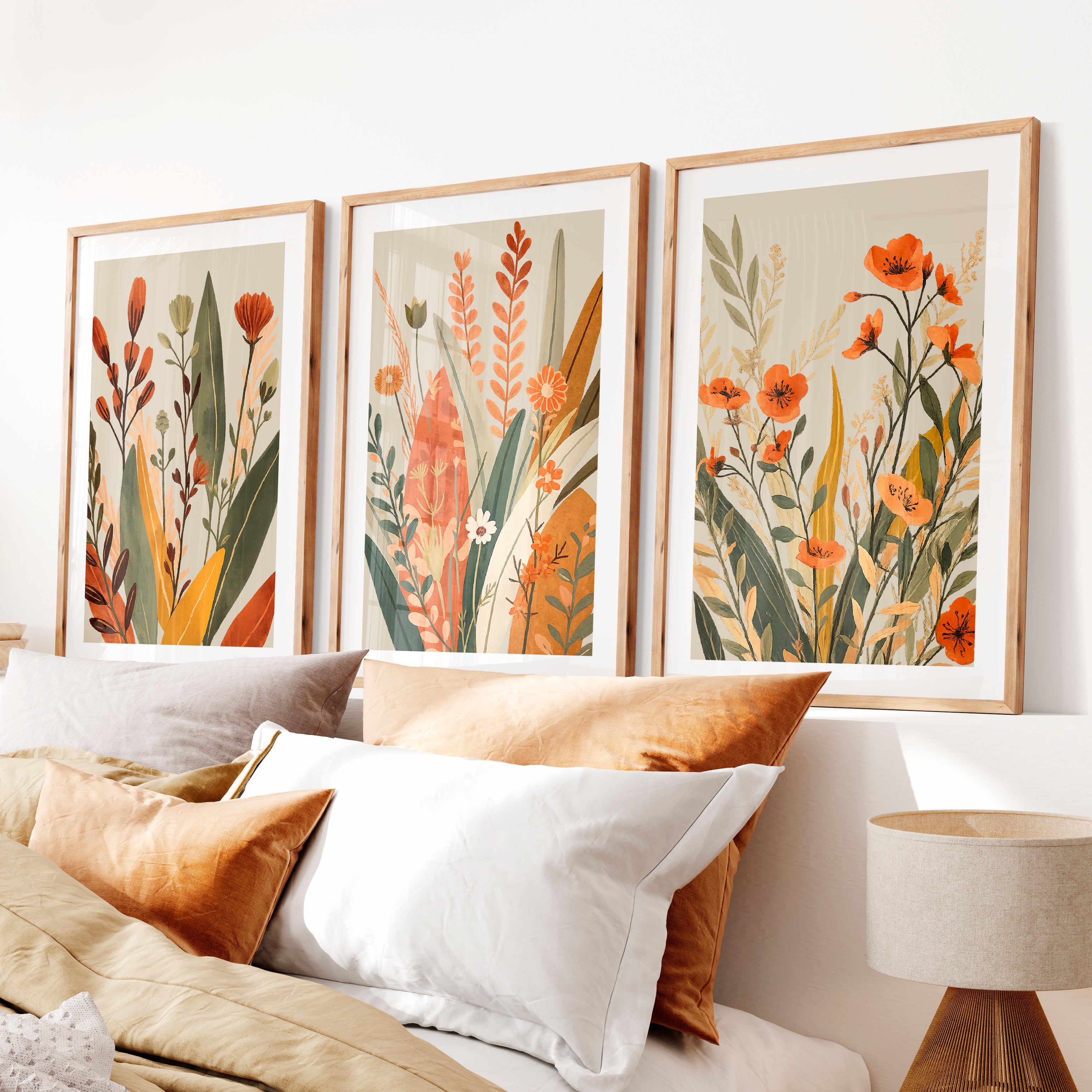 Wildflower Meadow japandi style art- Natural Wood Framed Poster with White Border - Artworksets